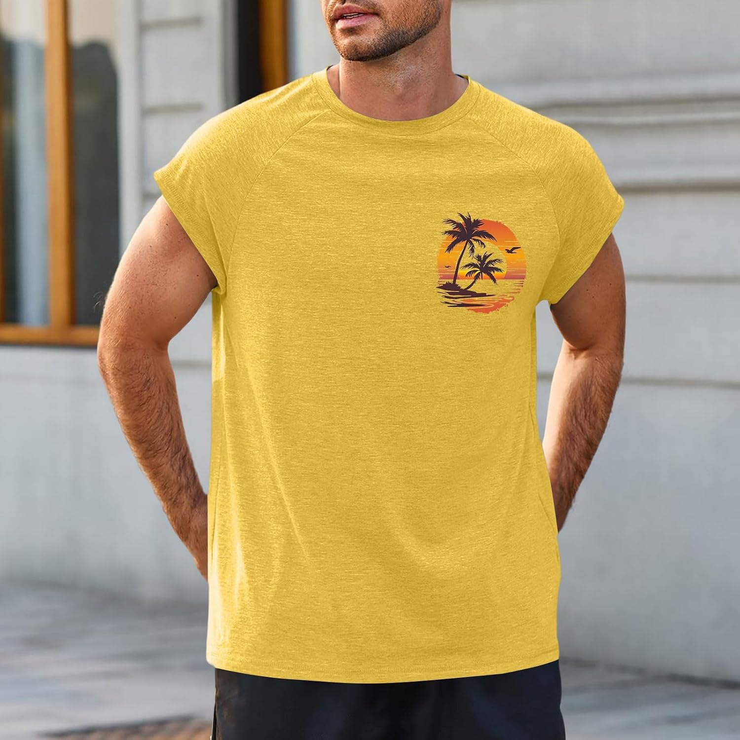Graphic Tank Tops for Men Palm Tree Tanks Summer Rpund Neck Tee Mens Hawaiian Sleeveless T Shirts Beach Vacation Tops