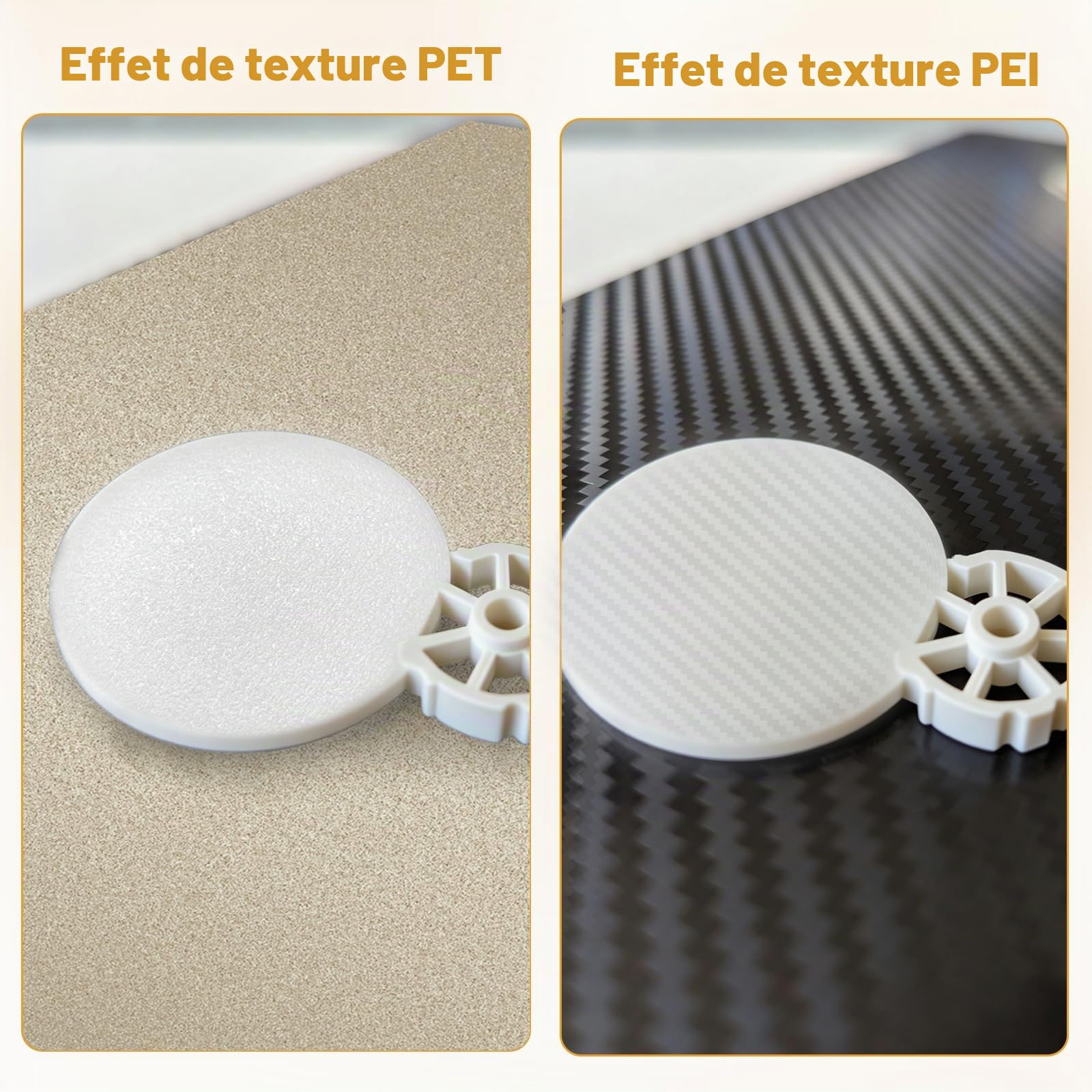 Plaque d'impression PEI (doré) + PET (motif fibre de carbone) pour Bambulab P1S/P2S/X1C/P1P/X1/A1, plateau d'impression en acier à ressort PEI lisse pour plateformes d'imprimante 3D Bambulab avec PLA