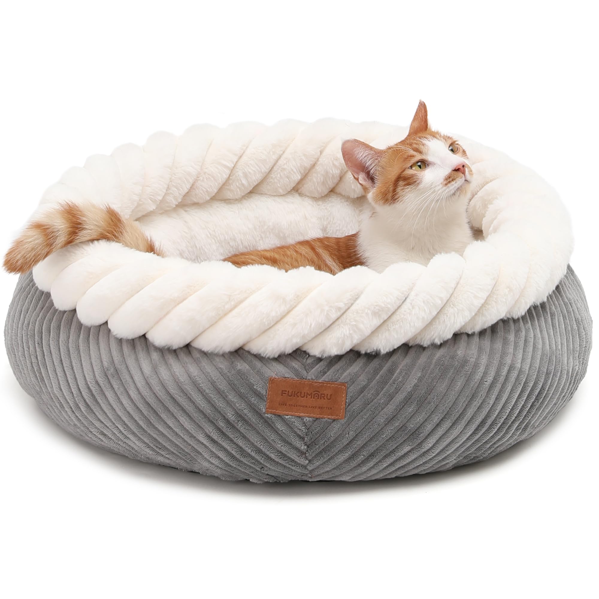 FUKUMARU Cat Beds for Indoor Cats, Washable Round Donut Cat Bed, Super Soft Cute Dog Bed for Small Dogs and Puppy, Cozy Plush Faux Fur Calming Pet Bed with Anti-Slip Bottom, 53 cm, Grey