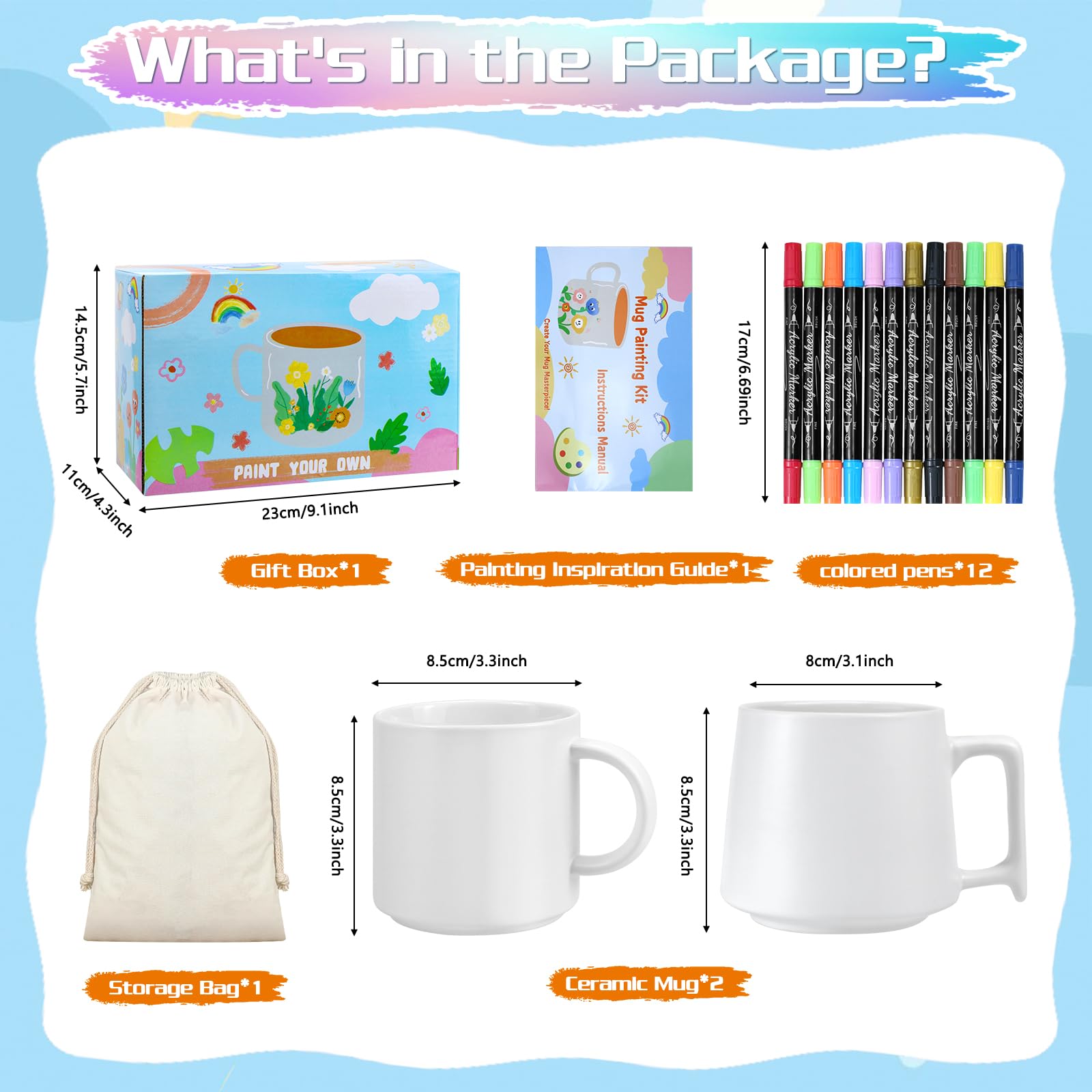 Keramik Bemalen Set - Tassen Bemalen Set (Enthält 2 Tasse, 12 Keramikmarkierungen, Aufbewahrungstasche, Malinspiration) - Tasse Bemalen Malset, Kreative Geschenke für Erwachsene