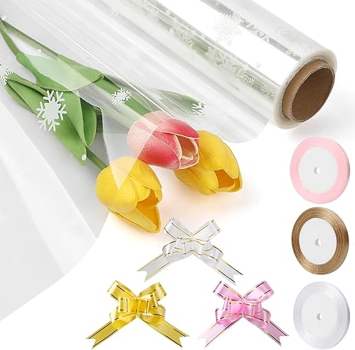 CCINEE Juego de envoltura de celofán de Navidad, rollo de celofán de Navidad (31.5 pulgadas x 98 pies) para cestas de regalo con 15 lazos y 3