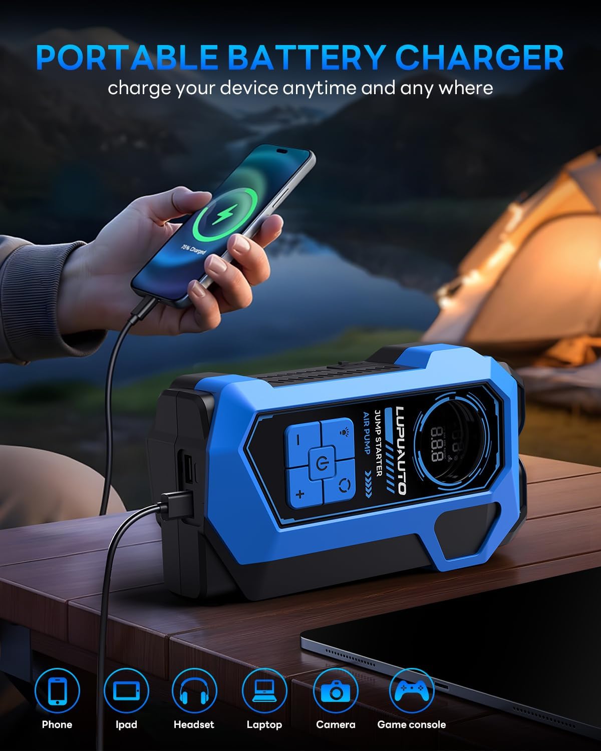 4000A Portable Jump Starter with 160PSI Air Compressor, Car Jump Starter Jump Box (10L Gas/8.5L Diesel), 12V Battery Jump Box Car Battery Jumper Starter with LCD Display, 500LM LED Lights - Image 3