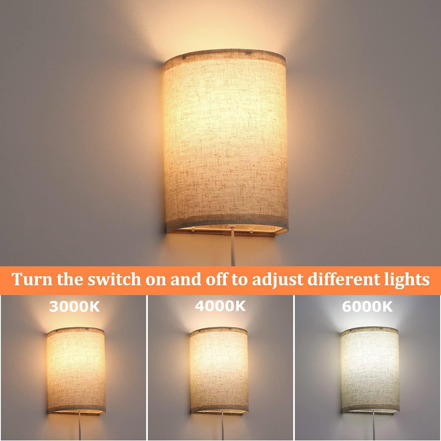 EaEa Stoff Wandlampe mit Stecker und Schalter, Innen Vintage Wandleuchte mit Kabel, Leinen Lampenschirm, UP&Down Lichteffekt, E27 Nachttischlampe Wand Retro Lampe für Wohnzimmer Schlafzimmer,2pack