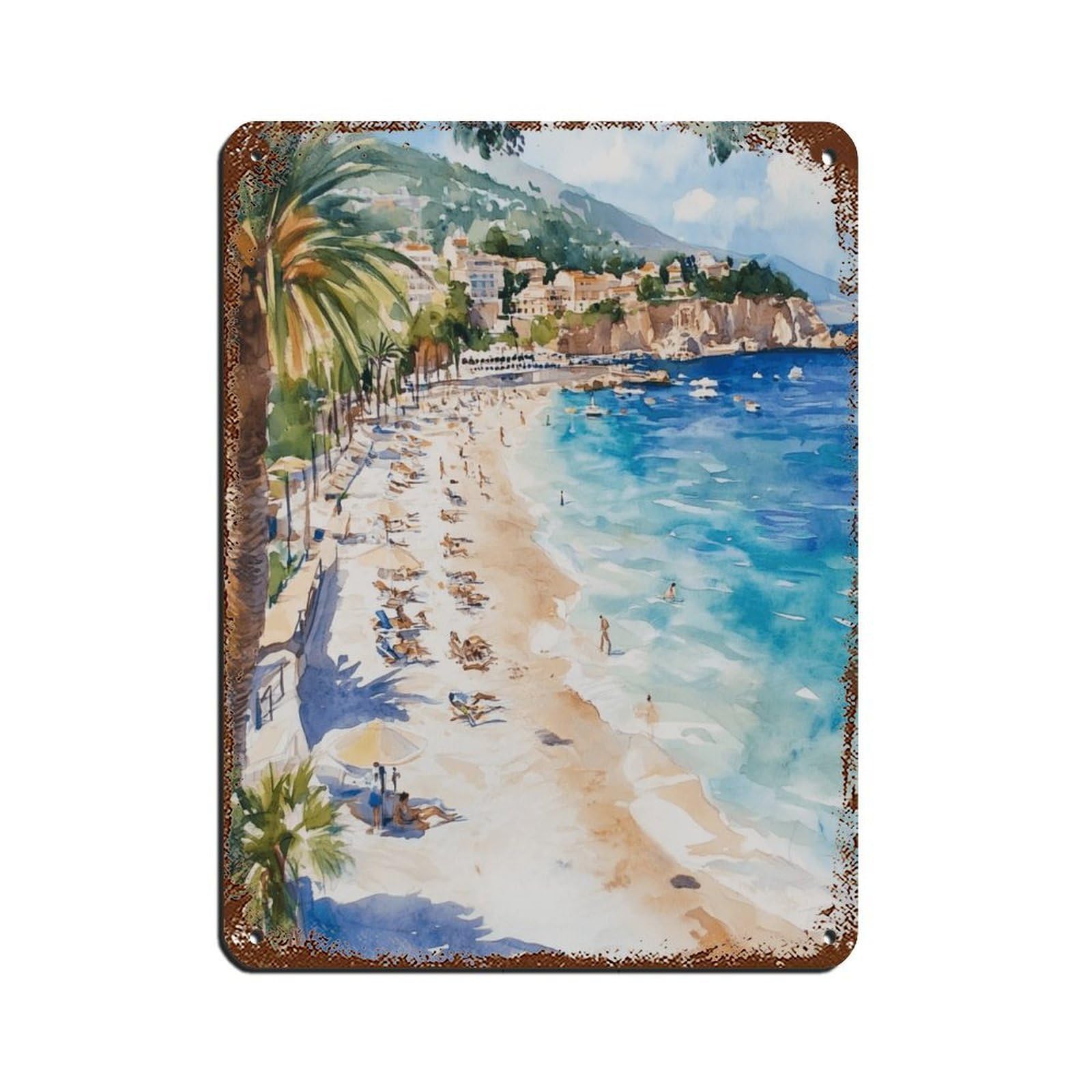 Utgn Style Plage Paloma Art Print, French Riviera Watercolor Painting Tin Sign Vintage Metal Pub Club Cafe Bar Home Wall Art Decoration Poster Retro 12X16inch(30X40cm)