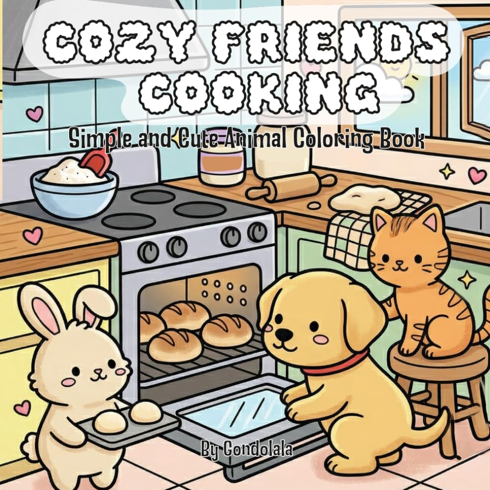 Cozy Friends Cooking Coloring Book: Kawaii Bunny, Kitten & Labrador Puppy Baking, Cooking & Cute Kitchen Scenes for Relaxation