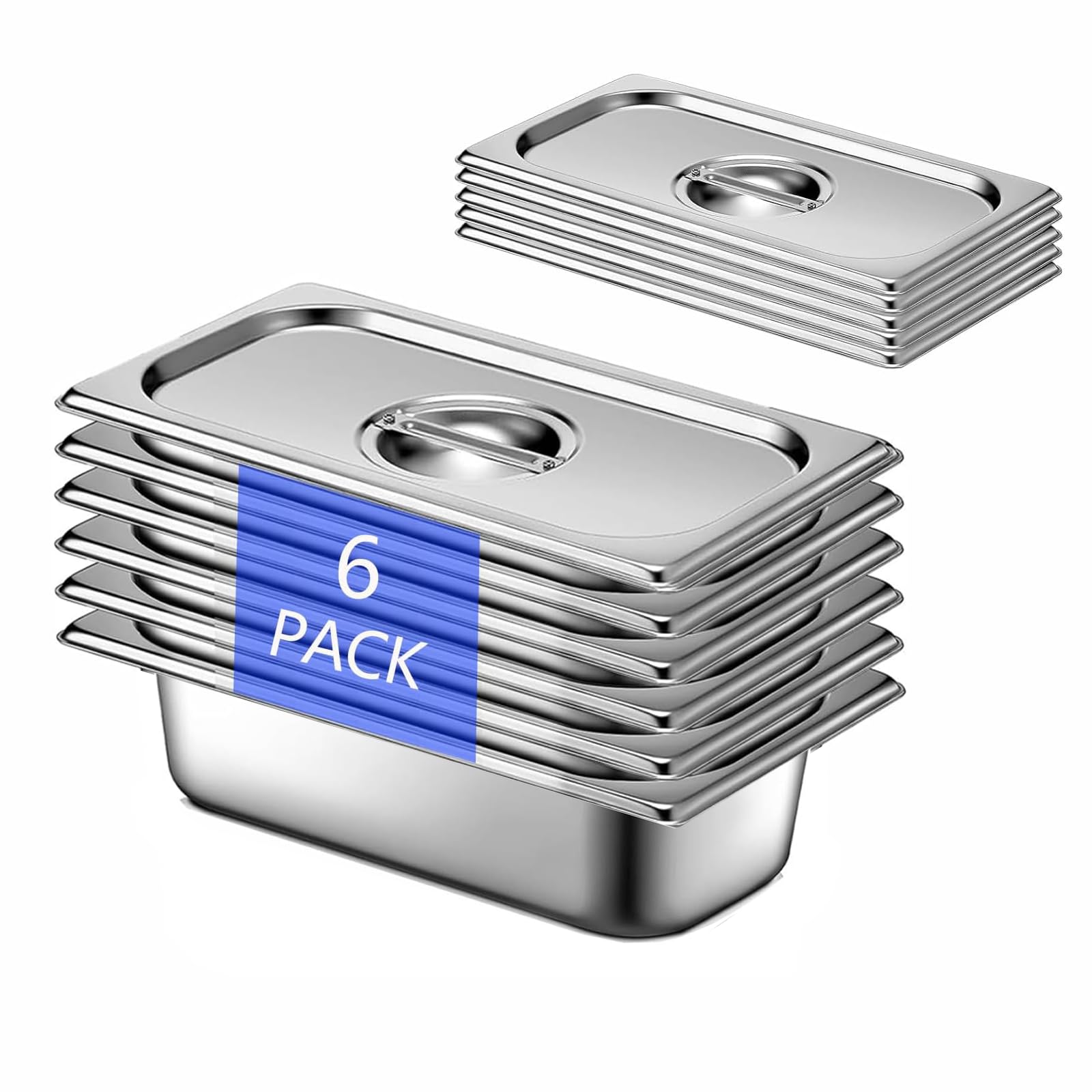 6 Stück GN 1/3 Behälter, 32,5 x 17,5 x 6,5 cm Edelstahl Behälter mit Deckel, Gastro Behälter für Speisen, Torten, Hotelpfanne Tisch Food Pan