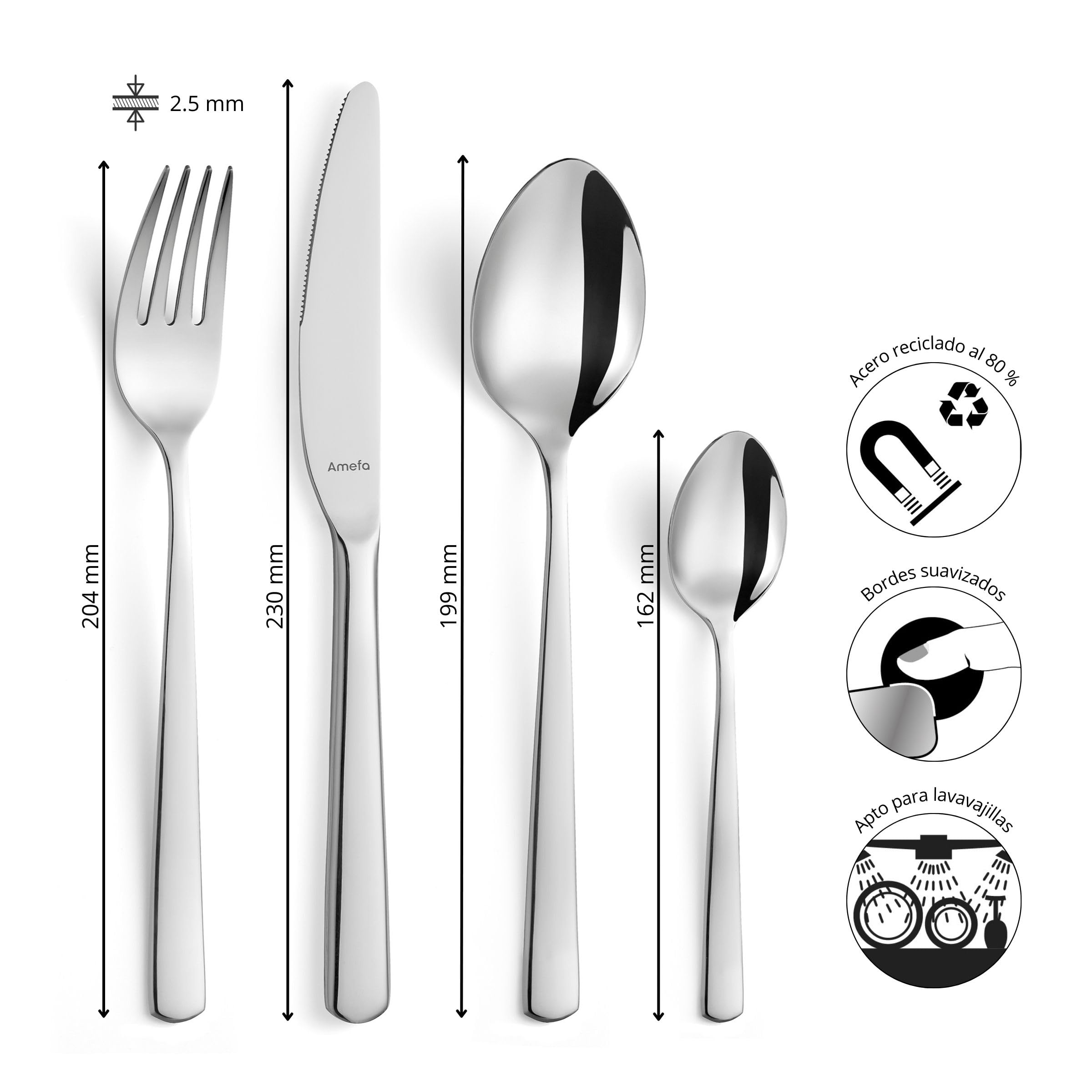 Amefa Phoenix - Cubertería, 24 cubiertos de mesa, para 6 personas, acero inoxidable reciclado 18/0, acabado espejo