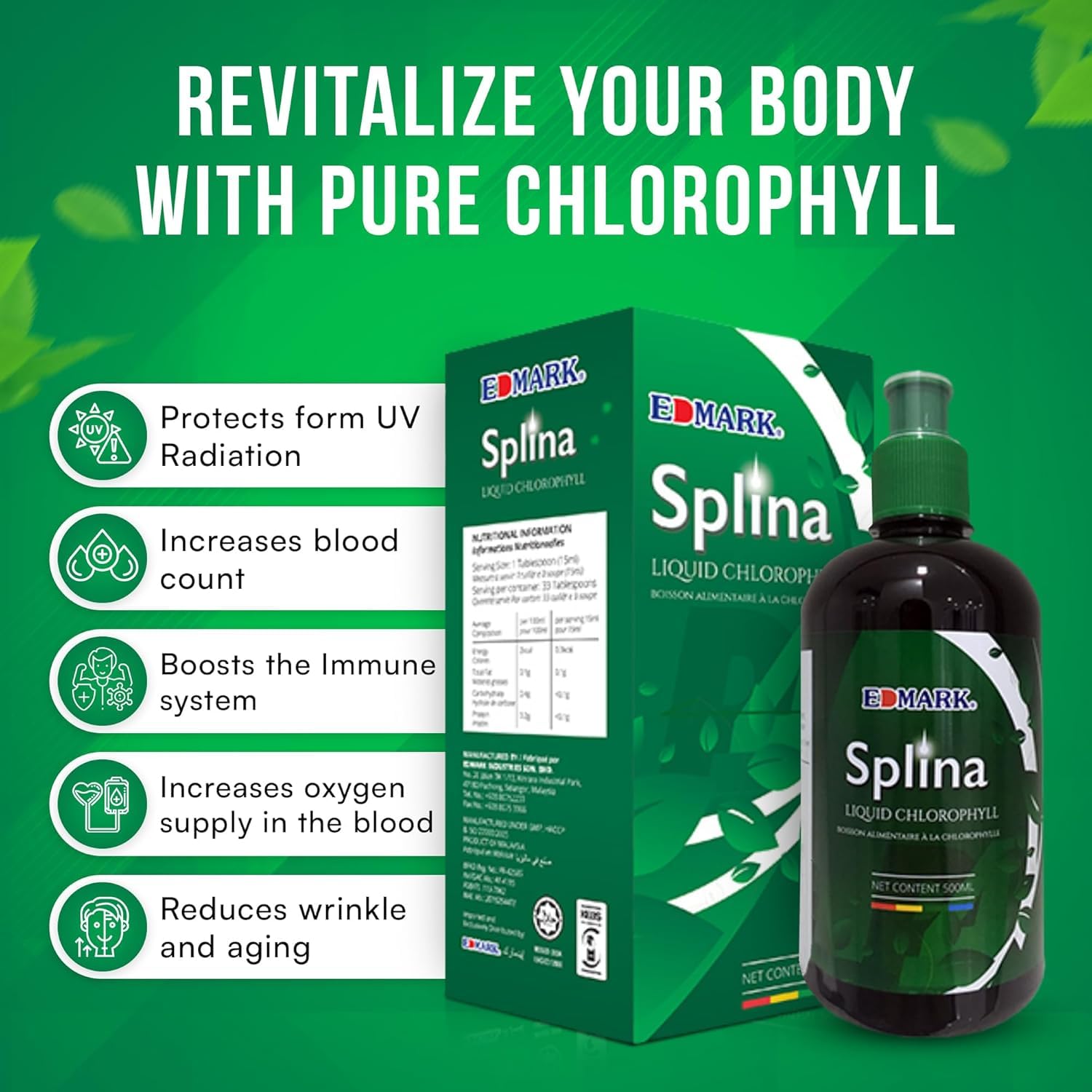 EDMARK Splina Chlorophylle liquide 500 ml – Équilibrant, nettoyant, nourrissant, rajeunissant – Vert