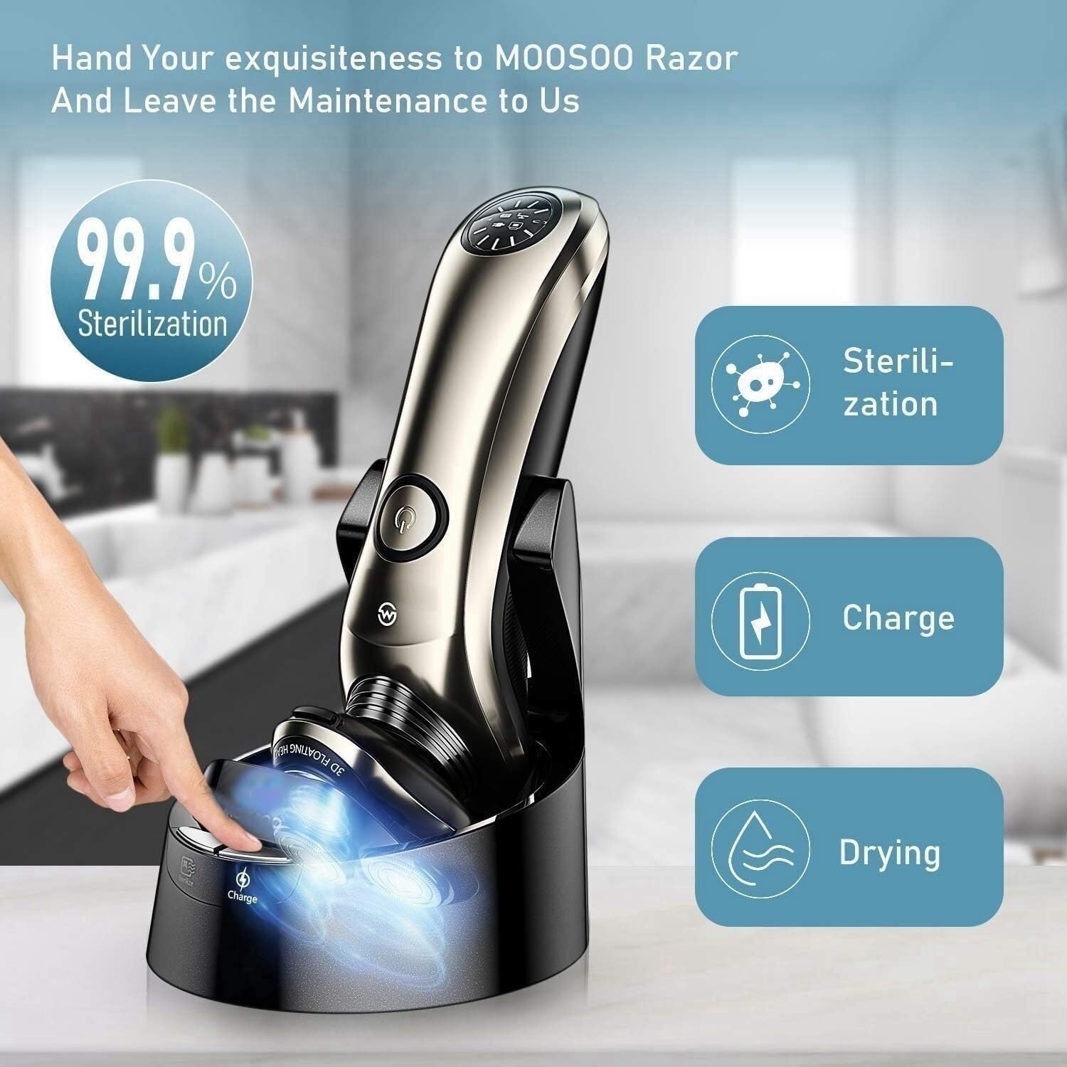 Rasoir électrique pour homme, rasoir électrique rechargeable pour le visage avec nettoyeur intelligent, noir, métallique, tête rotative à 2 lames, batterie lithium-ion 600 mAh