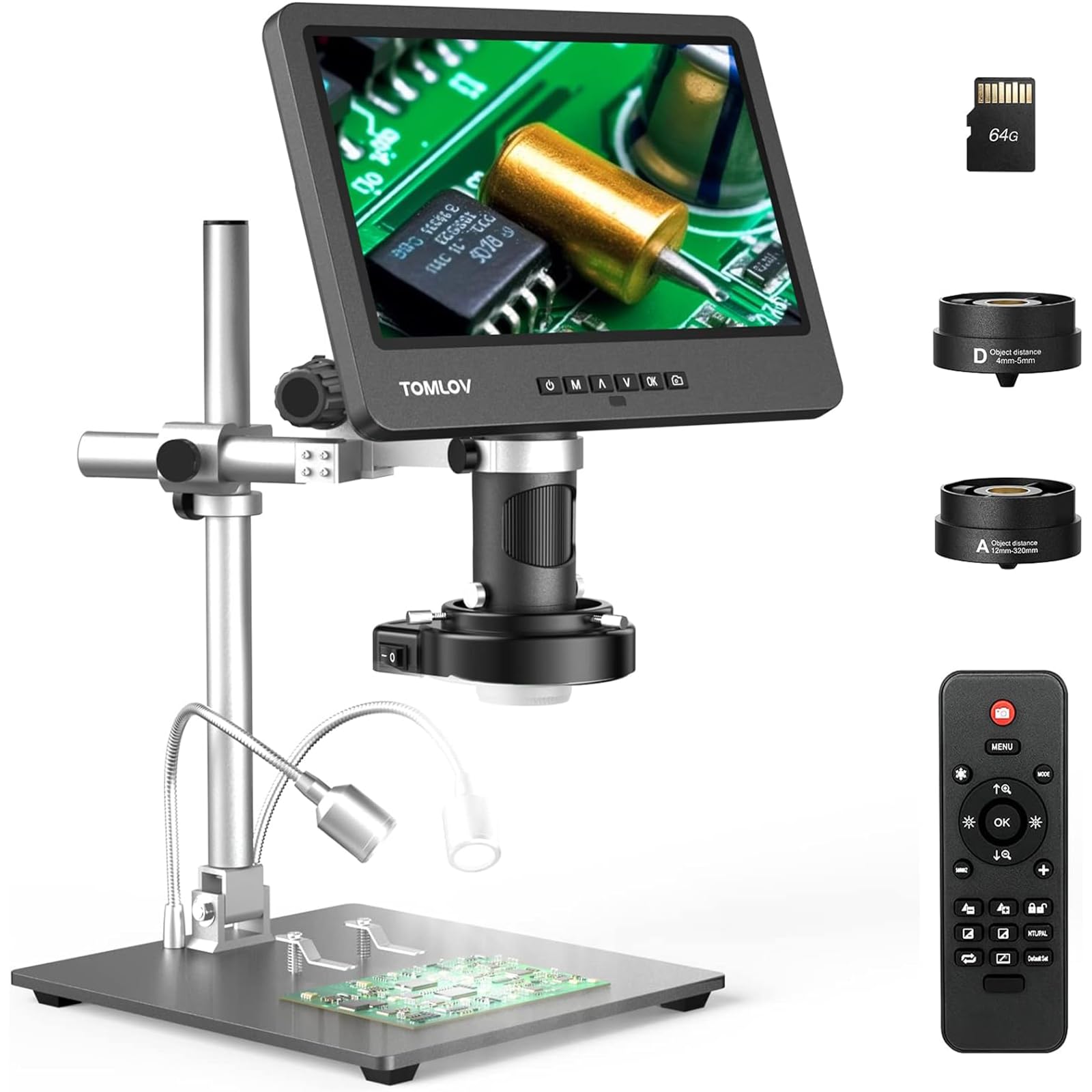 TOMLOV DM602 Pro Microscopio de 3 Lentes para Monedas, PCB y Biología | 3 Lentes Multiuso, Gran Área de Trabajo, Aumento 2000X, Pantalla IPS 10,1", Fotos y Vídeos, Luz Anular, Compatible con TV/PC