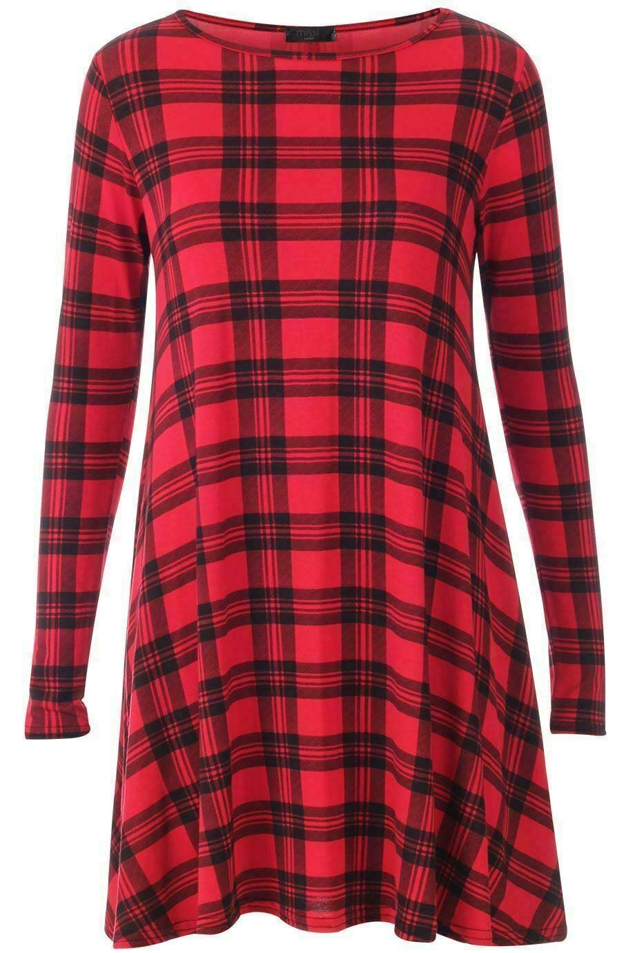 Fairy Boutique Women's Red Tartan Plain Long Sleeve Stretch A Line Swing Dress Flared Skater Top Printed Plus Size T-Shirt 8-26 ( Uk 20-22)