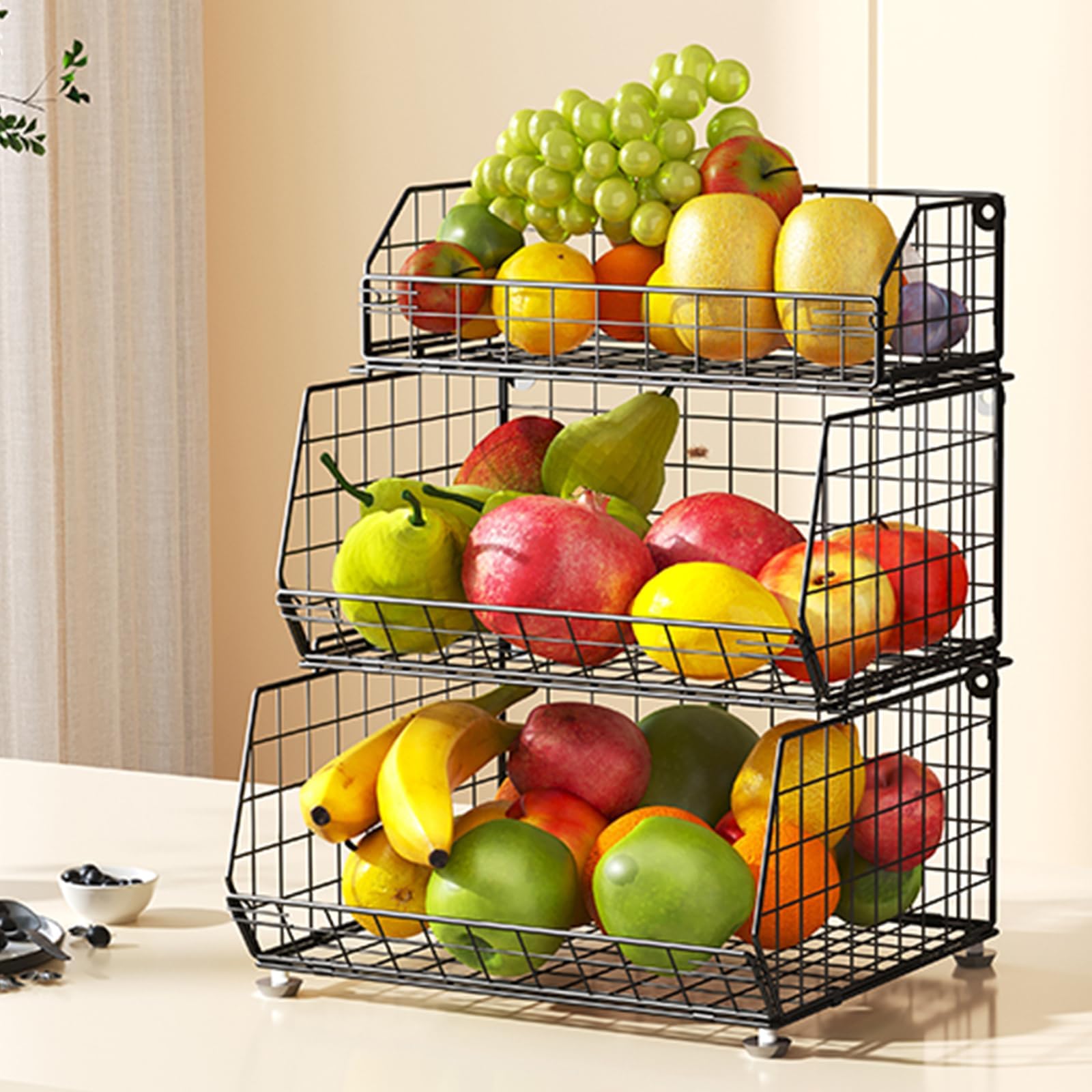 Amazer Wooden Fruit Basket for Kitchen, 3 Tiers Wooden