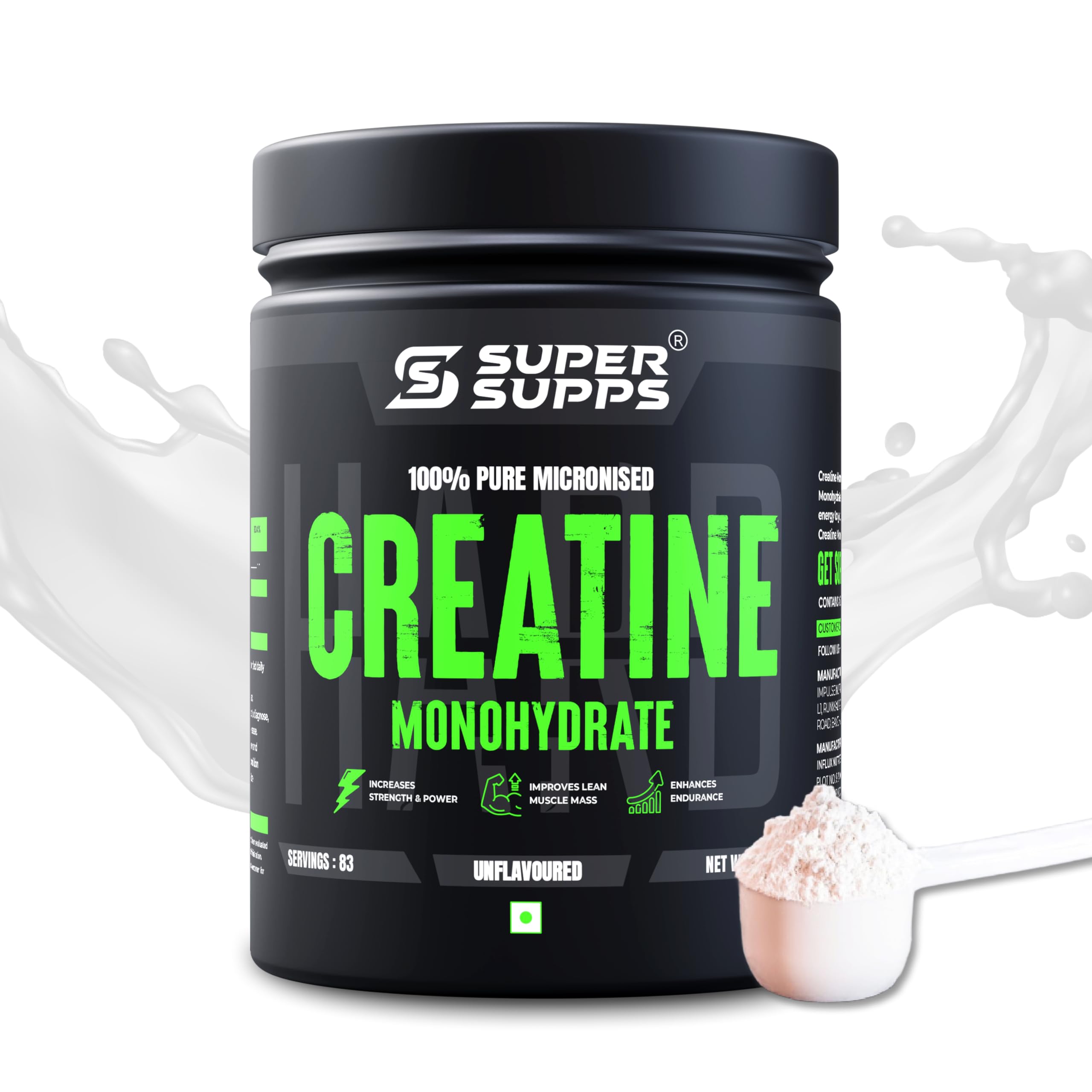 SUPERSUPPS Micronized Creatine Monohydrate Powder | Boosts Workout Performance | Strength, Endurance, Recovery | 3000 MG (Lab Tested), Vegan | 250 Gm- 83 Servings - Unflavoured
