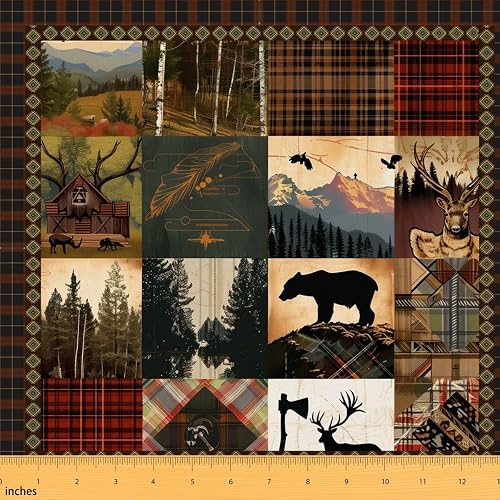 Woodland Animal Fabric by The Yard, Wild Deer Bear Upholstery for Boys Kids, Hunting Cabin Decorative, Patchwork Geometric Aztec Plaid Check Indoor Outdoor, 3 Yards, Red, Green, Black