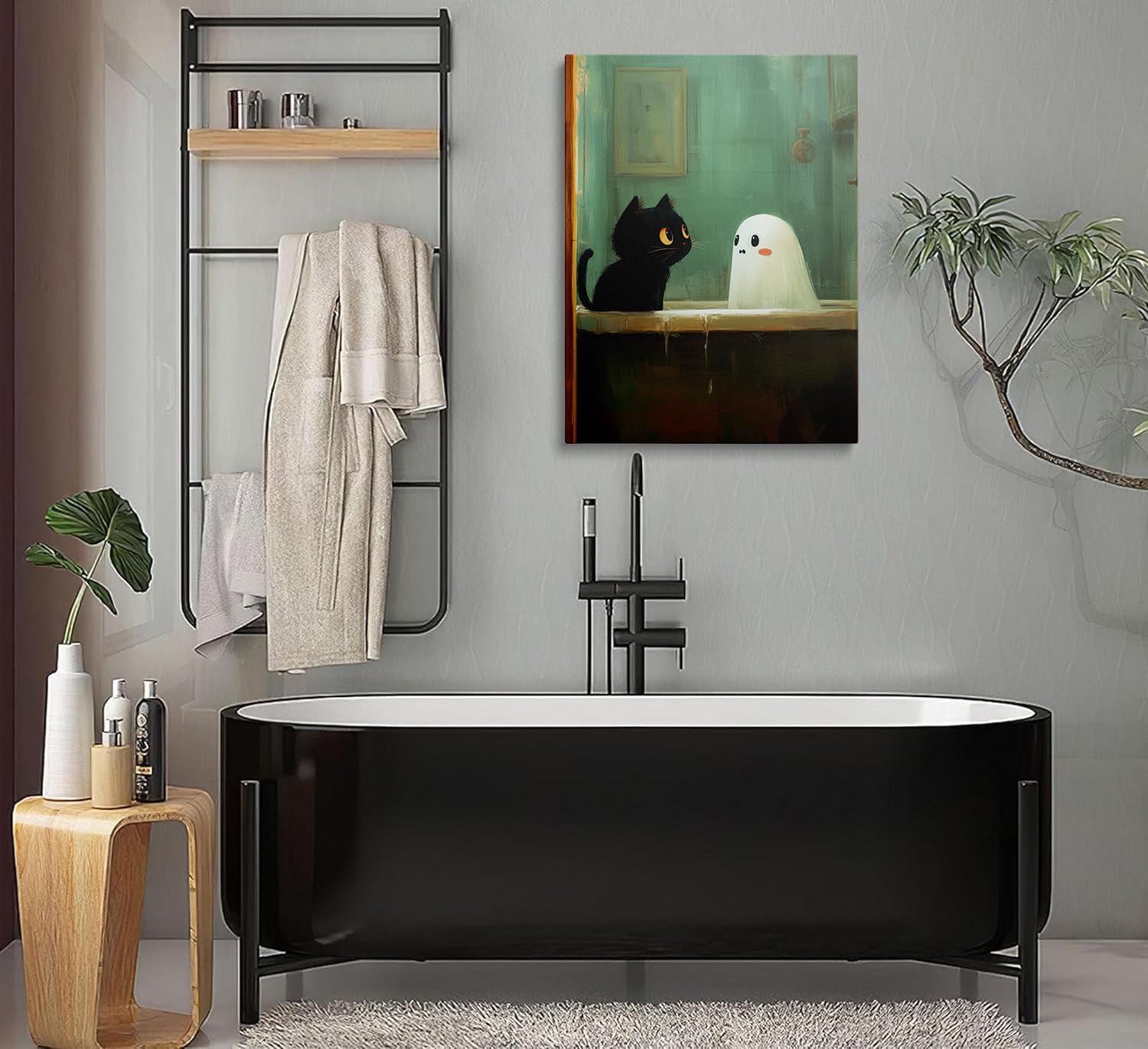 Framed Vintage Funny Cute Black Cat and Ghost in Bathtub Halloween Wall Art Canvas Fun Cool Gothic Animal Bathroom Pictures Wall Decor Whimsical Prints Poster Artwork for Living Room Bedroom (16"x24")