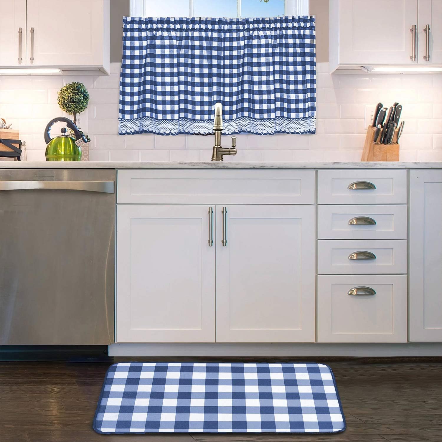 Woven Trends 3-Piece Tier and Valance Set, Window Kitchen Curtains Checkered Plaid Gingham Design, 29W x 24L Inches Farmhouse Tier Panels, Buffalo Cafe Curtain with Swag and Tier Pair Set, Navy