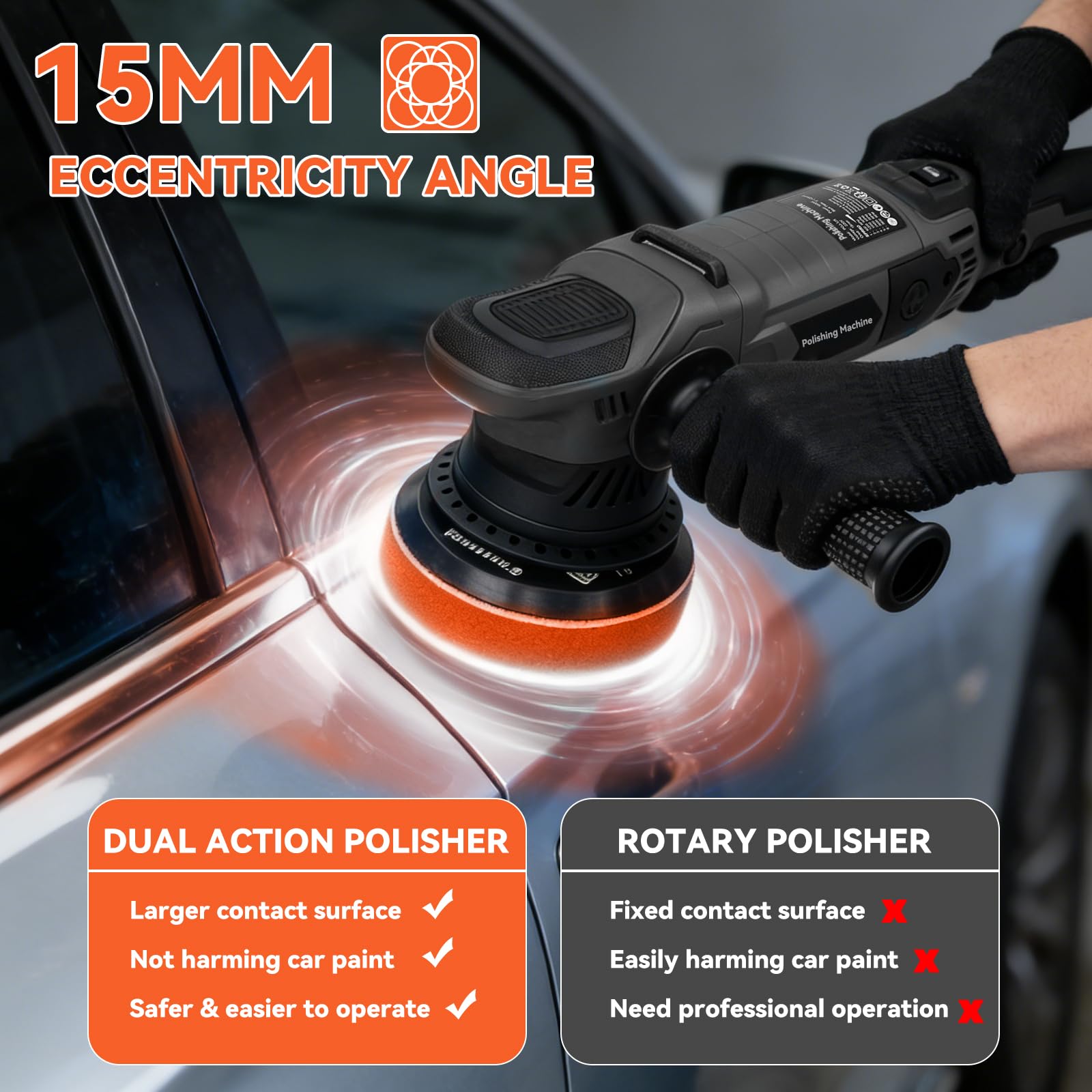 1600W Lucidatrice Rotorbitale con Filo, Orbita 15mm Platorello 150mm, 6 Velocità 600-3600 RPM, Kit Lucidatura Auto con 6 Tamponi per Carrozzeria, Maniglia a D e Maniglia Laterale
