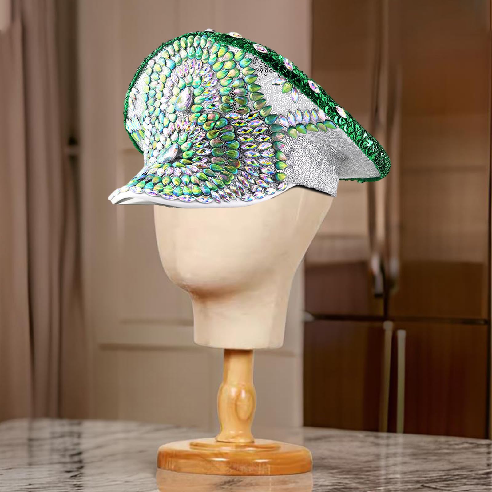 Cappello con borchie di strass rivetto per donne uomini cappelli per feste di compleanno cappello blingbling per spettacoli teatrali fotografia copricapo verde diamante paillettes cappello blu
