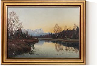 VIYYIEA Gold Framed Canvas Art Prints,12x16Inch, Fall Lake Sunset Art Painting, Autumn Landscape Decor for Living Dining Room, Country Rustic River Picture