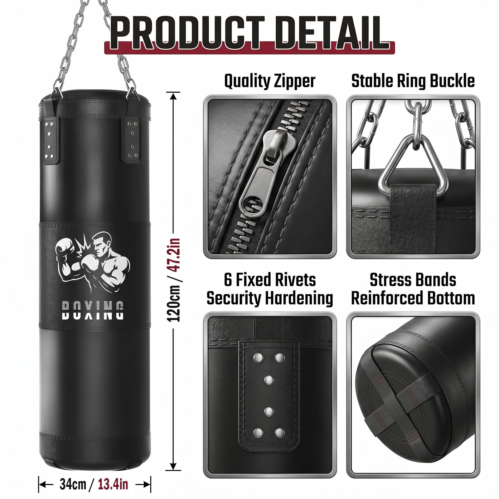 Sac de Frappe Adultes Ninonly 120CM Lourd Sac de Boxe avec Sac de Boxe Suspendu Non Rembourré,Ballon de réaction,Bandages pour Kickboxing MMA Muay Thai Karate Taekwondo(Non Rempli)