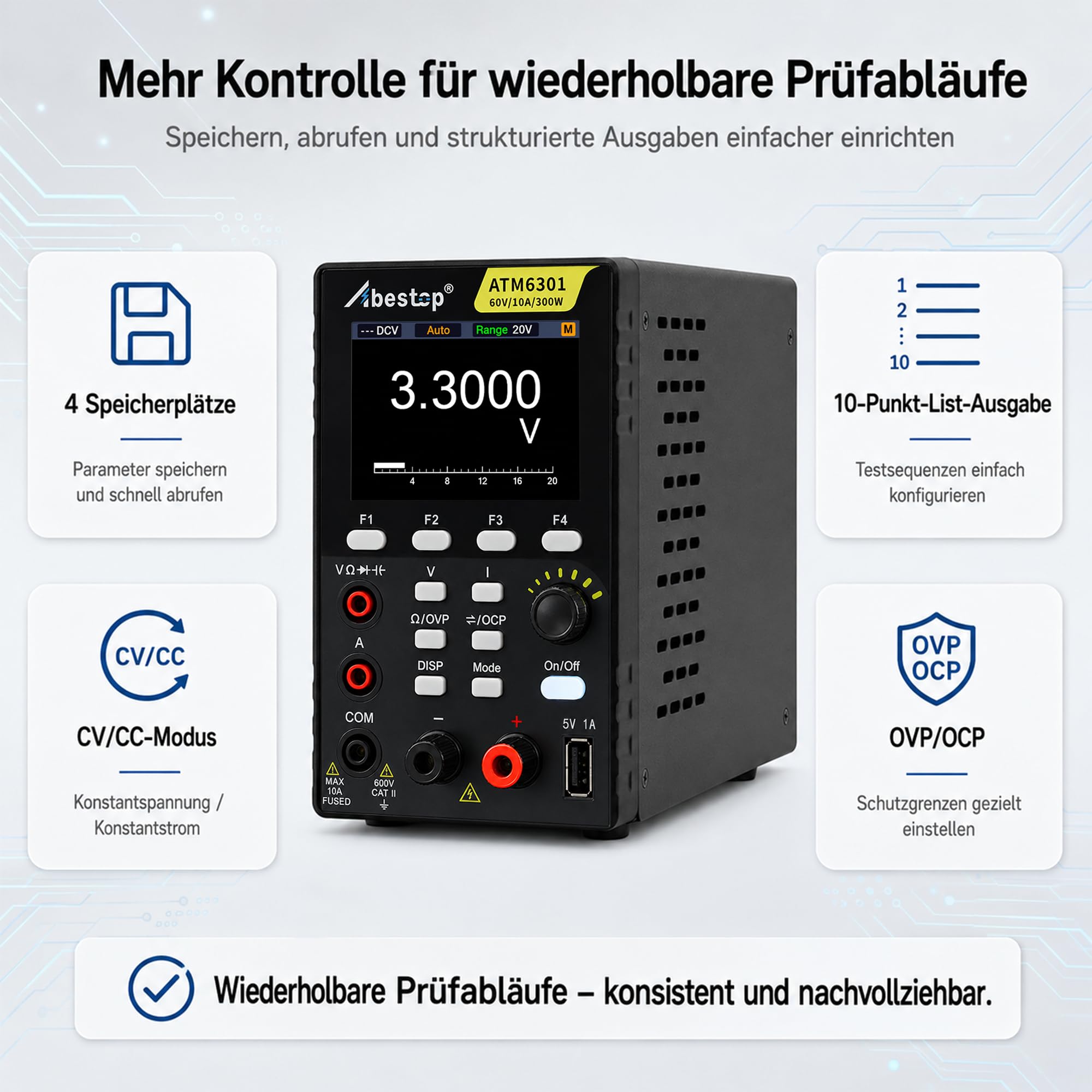 ATM6301 Fonctions 2 en 1 Alimentation CC + Multimètre 0-60V/0-10A/300W Plusieurs Fonctions de Protection avec 2,8 Pouces LCD Charge USB
