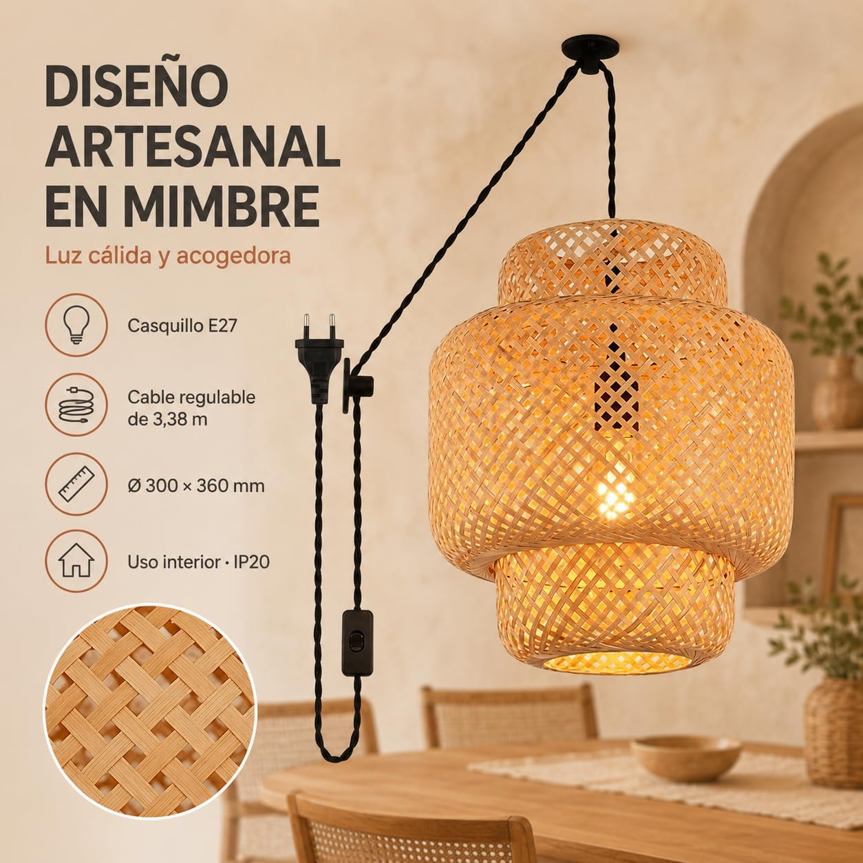 BARCELONA LED Suspension En Osier E27 Avec Prise | BARCELONA LED Suspension En Osier E27 Avec Prise