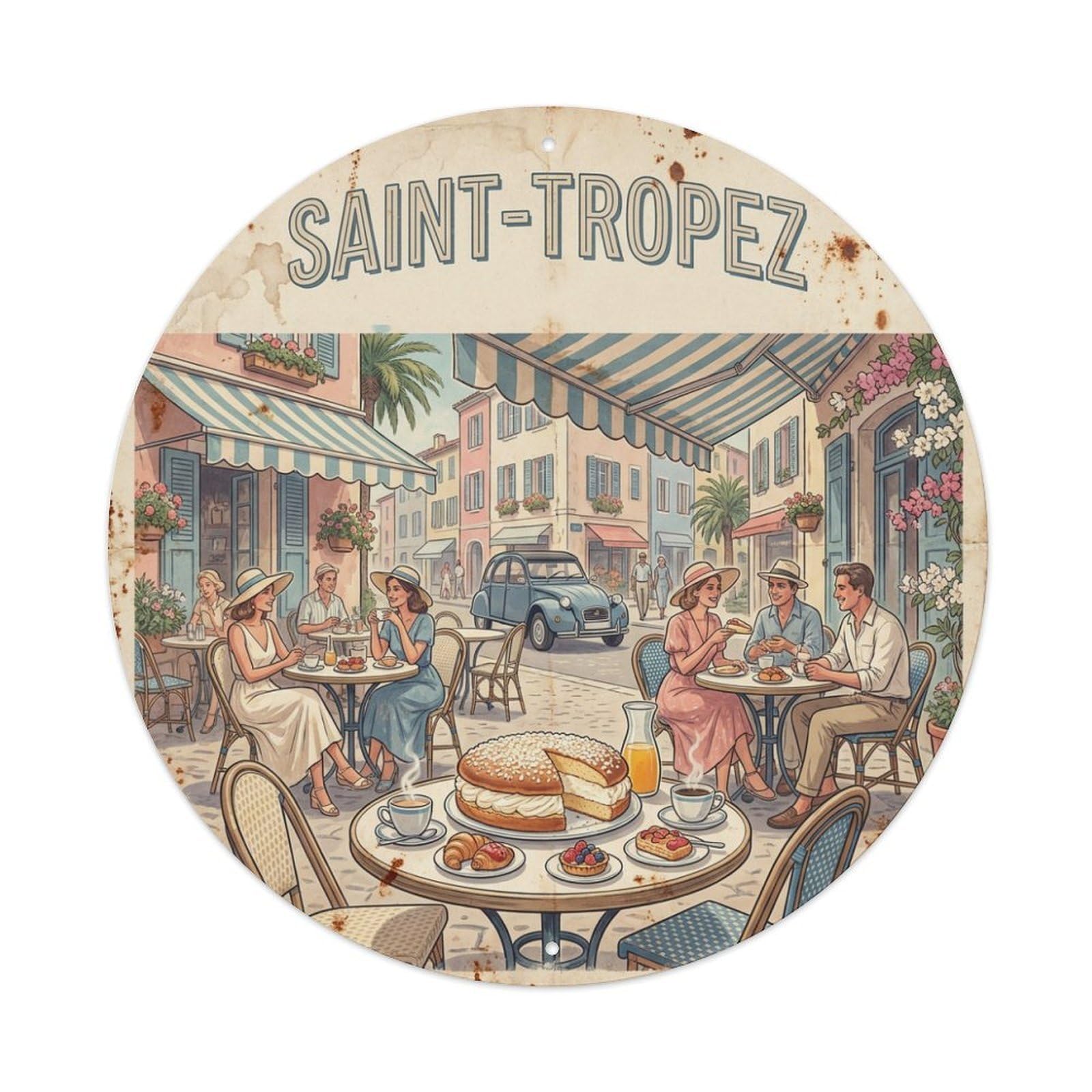 France Saint Tropez Cream Tart Cafe Terrace Travel Metal Tin Sign