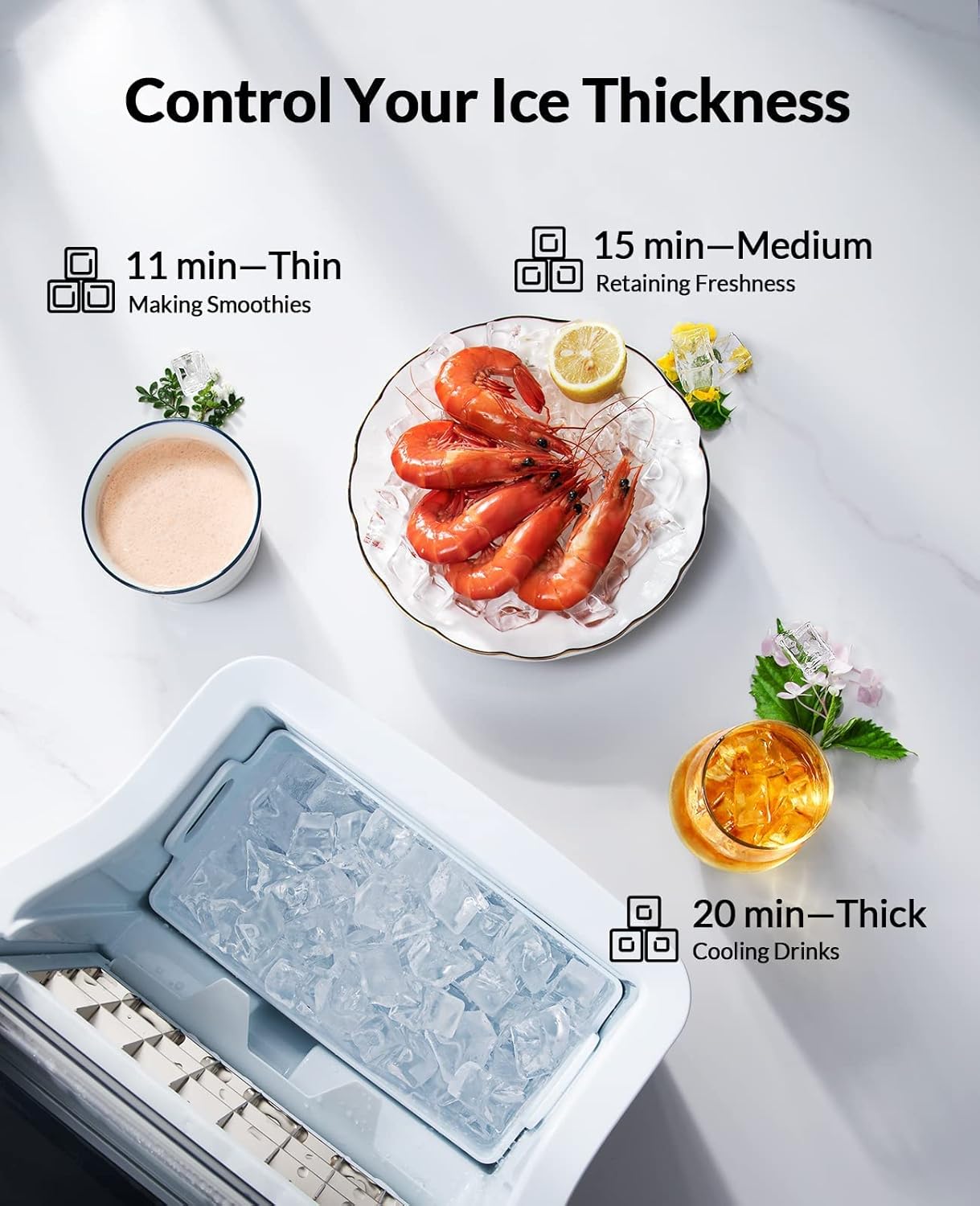 Diagram showing different ice cube thicknesses based on production time: 11 min for thin, 15 min for medium, and 20 min for thick.