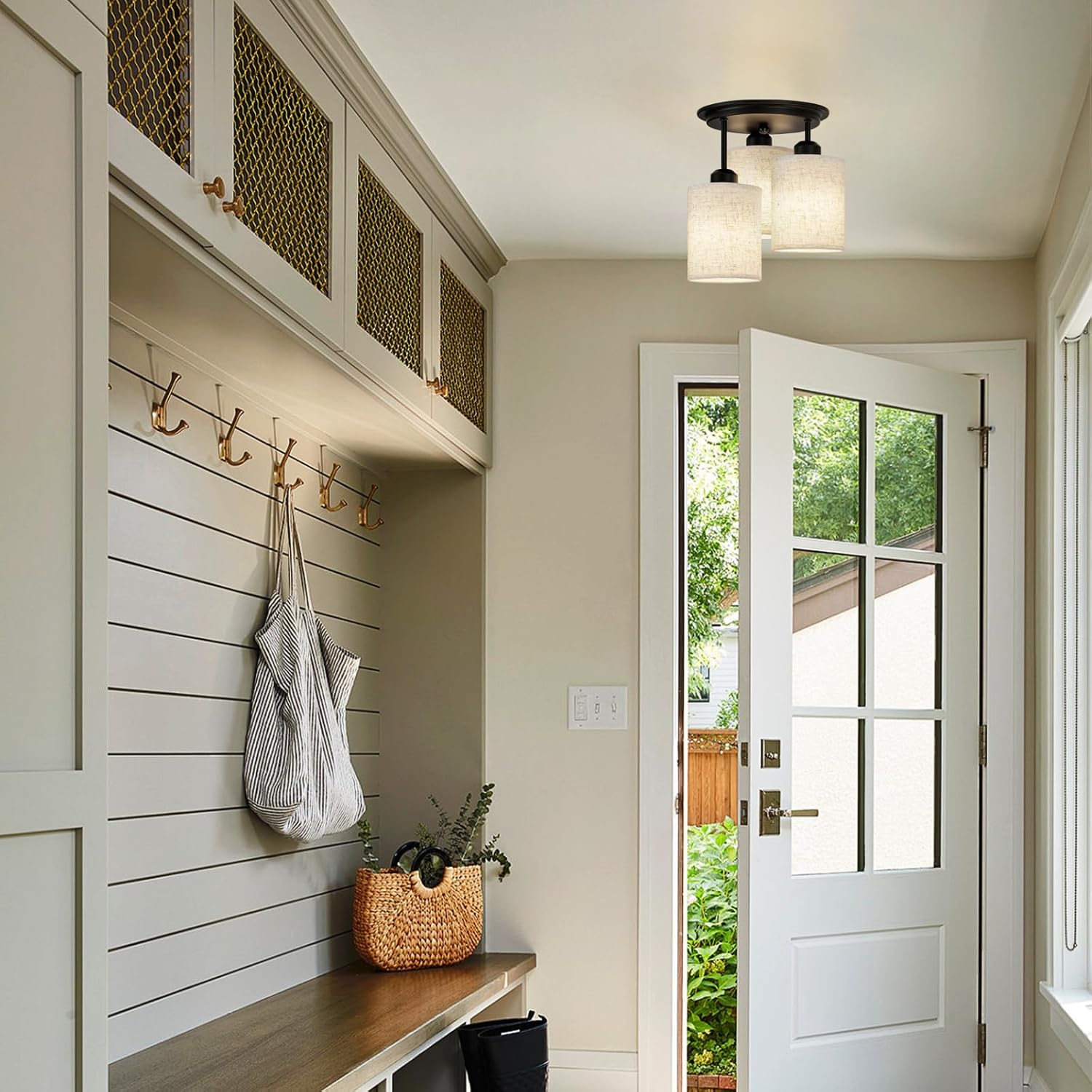 Semi Flush Mount Ceiling Light, 3-Light Close to Ceiling Light Fixtures, Matte Black Kitchen Light Fixtures with Linen Fabric Shade, Hallway Light Fixtures Ceiling Mount for Foyer Entryway