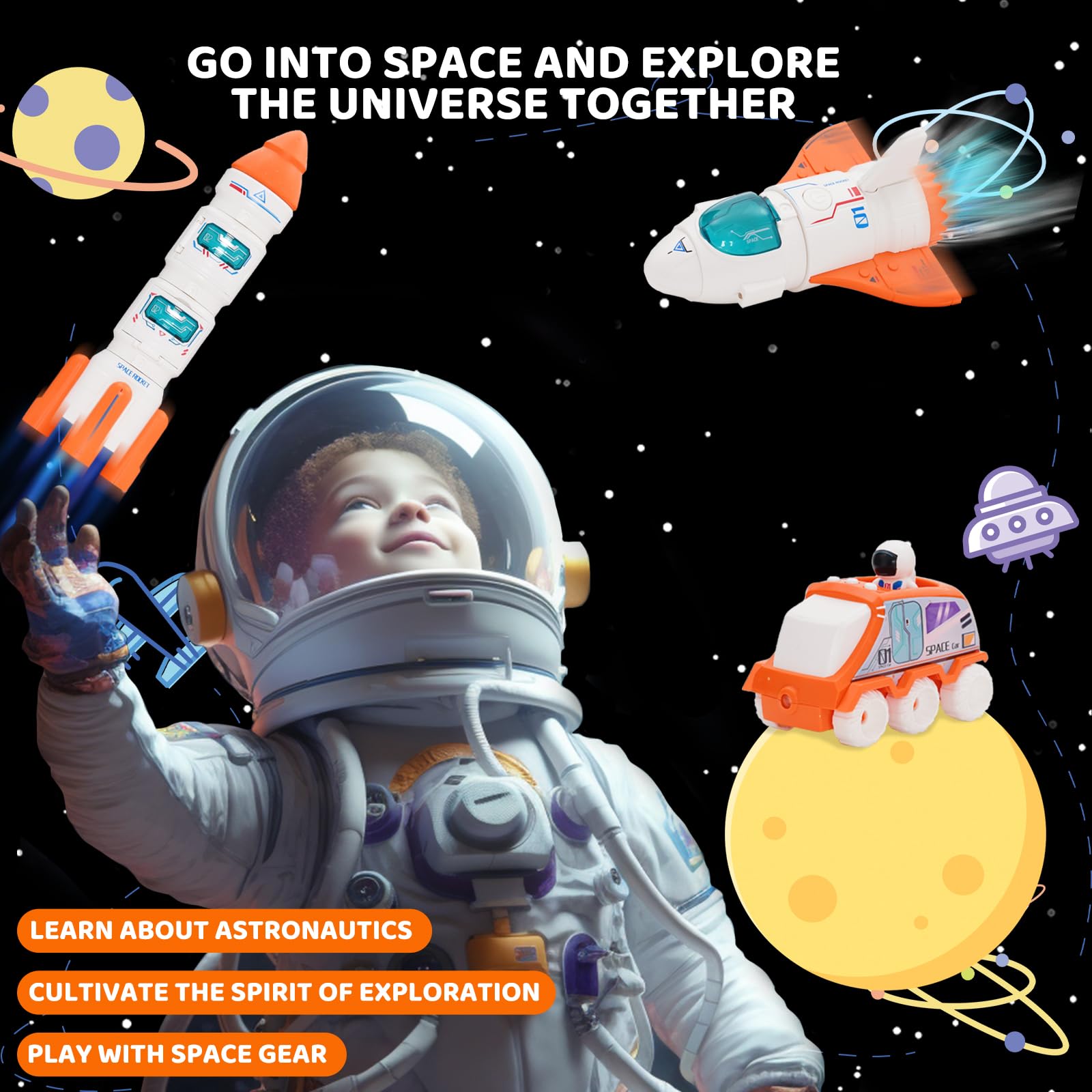 Cohete Juguete, Modelo Avión Espacial con Astronauta, Nave Espacial para Niños y Niñas, Kit Exploración con Sonido y Luz, Regalo Días Festivos(Orange)