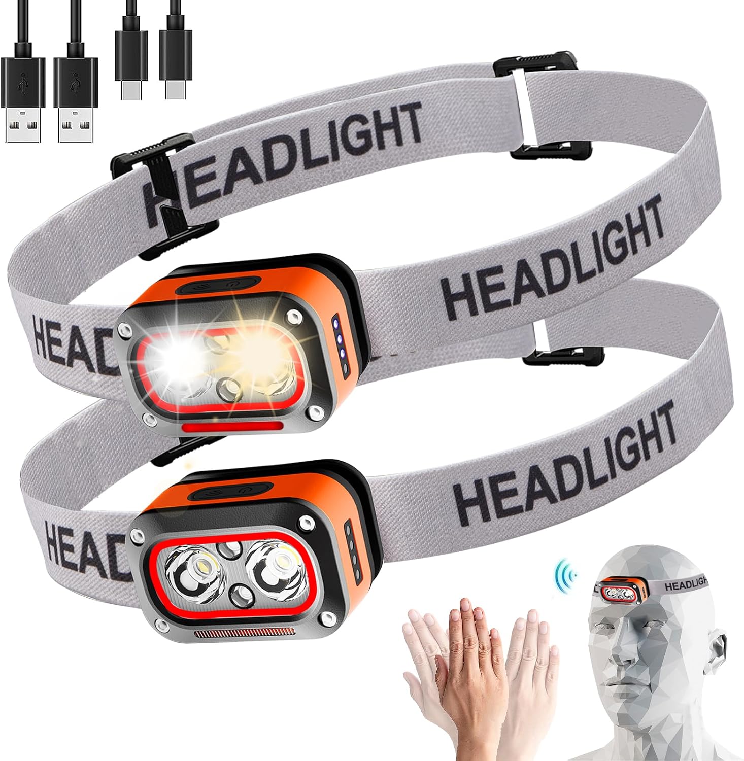2-Pack Rechargeable LED Headlamp with Motion Sensor & 5 Modes 2-Pack Rechargeable LED Headlamp with Motion Sensor & 5 Modes