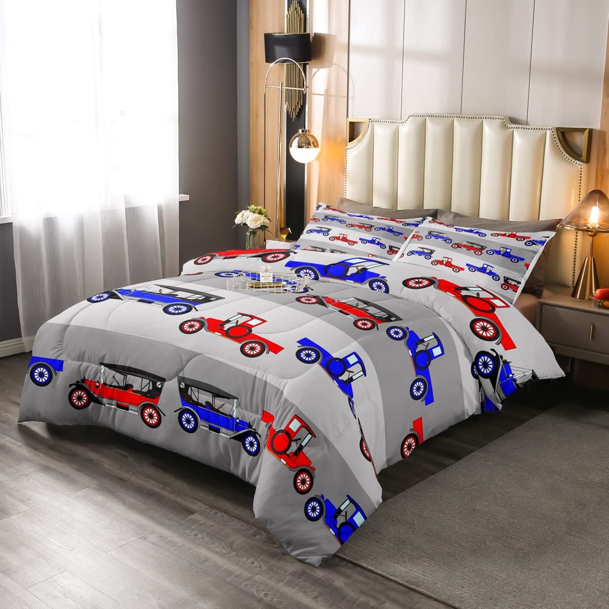 Cars Bedding Set Cartoon Car Duvet Set for Kids Boys Girls Teens Vehicles Truck Breathable Blue Red Vehicles Car Duvet Insert Double Size