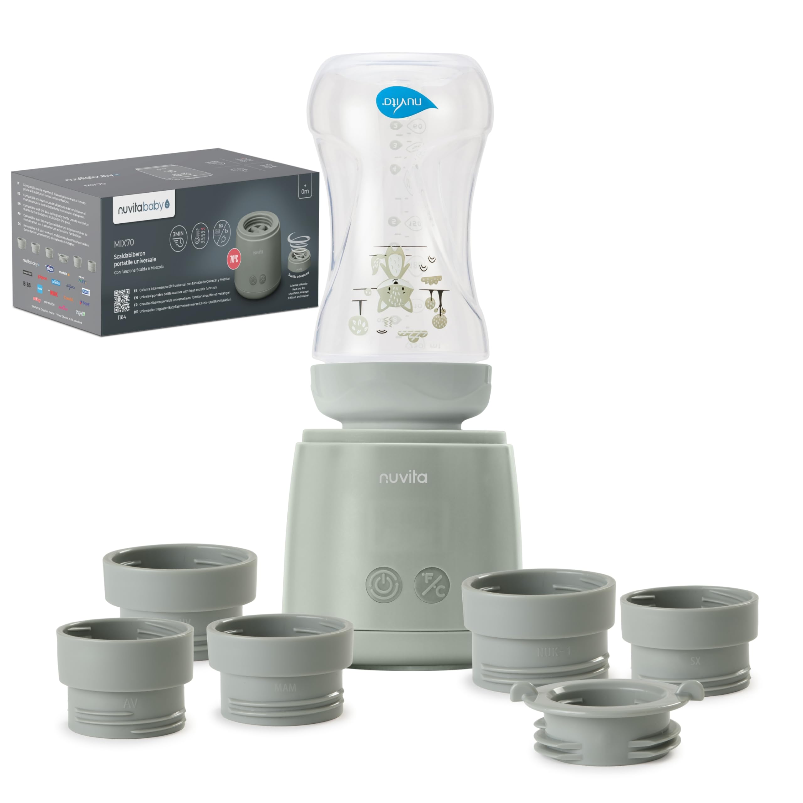 Nuvita 1164 Mix70 - Calentador de botellas portátil con función mezcladora, 5 temperaturas hasta 70 °C, universal con 6 adaptadores incluidos, batería recargable, pantalla LED, sin BPA