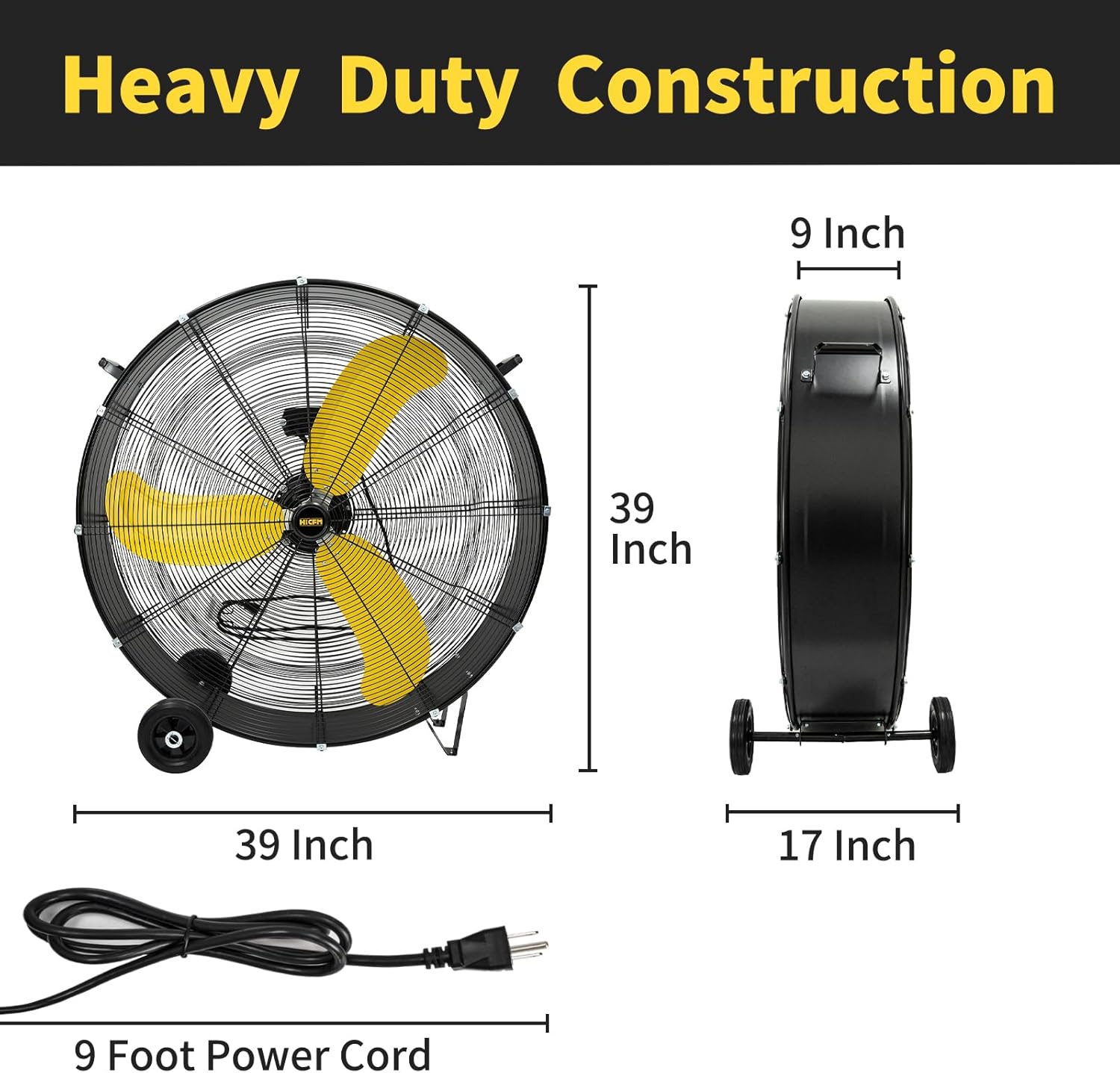 HiCFM 2 Pack 36" Industrial Drum Fan, 18600 CFM High Velocity 2 Speed 3/5 HP Heavy Duty Metal Air Circulator with Casters Handle 9ft Cord for Basement Warehouse Factory workshops Patios