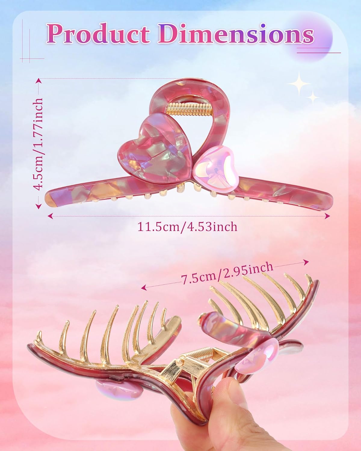 2 PCS Large Metal Hair Claw Clips for Women Big Acrylic Hair Clips No Slip Heart Hair Clips for Thin Thick Hair（Yellow + Purple） - Image 3