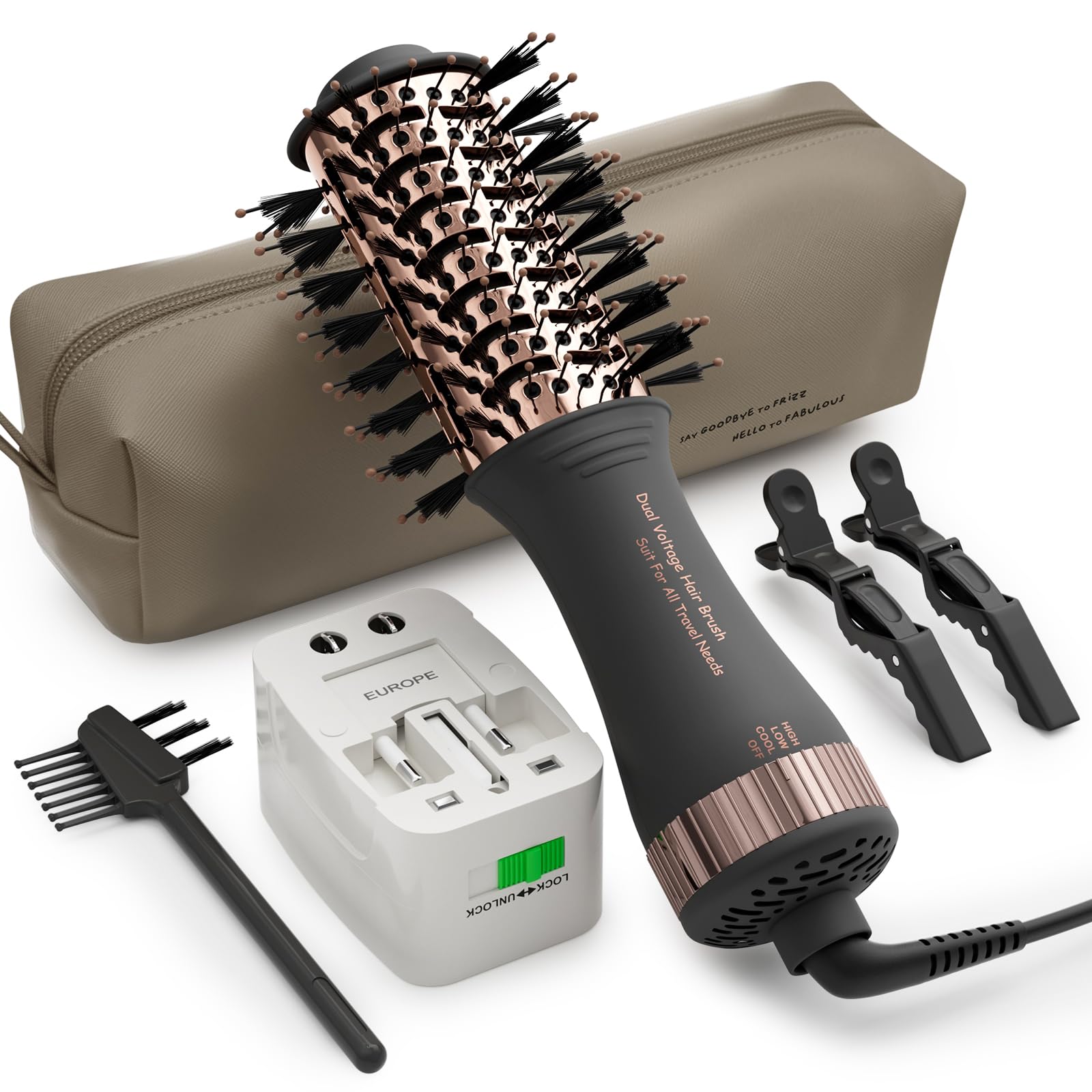 Cepillo secador de pelo de doble voltaje en uno, cepillo de aire caliente de forma ovalada de 2 pulgadas, herramientas de viaje para el cabello/voluminizador/alisador/rizador, cepillo europeo de