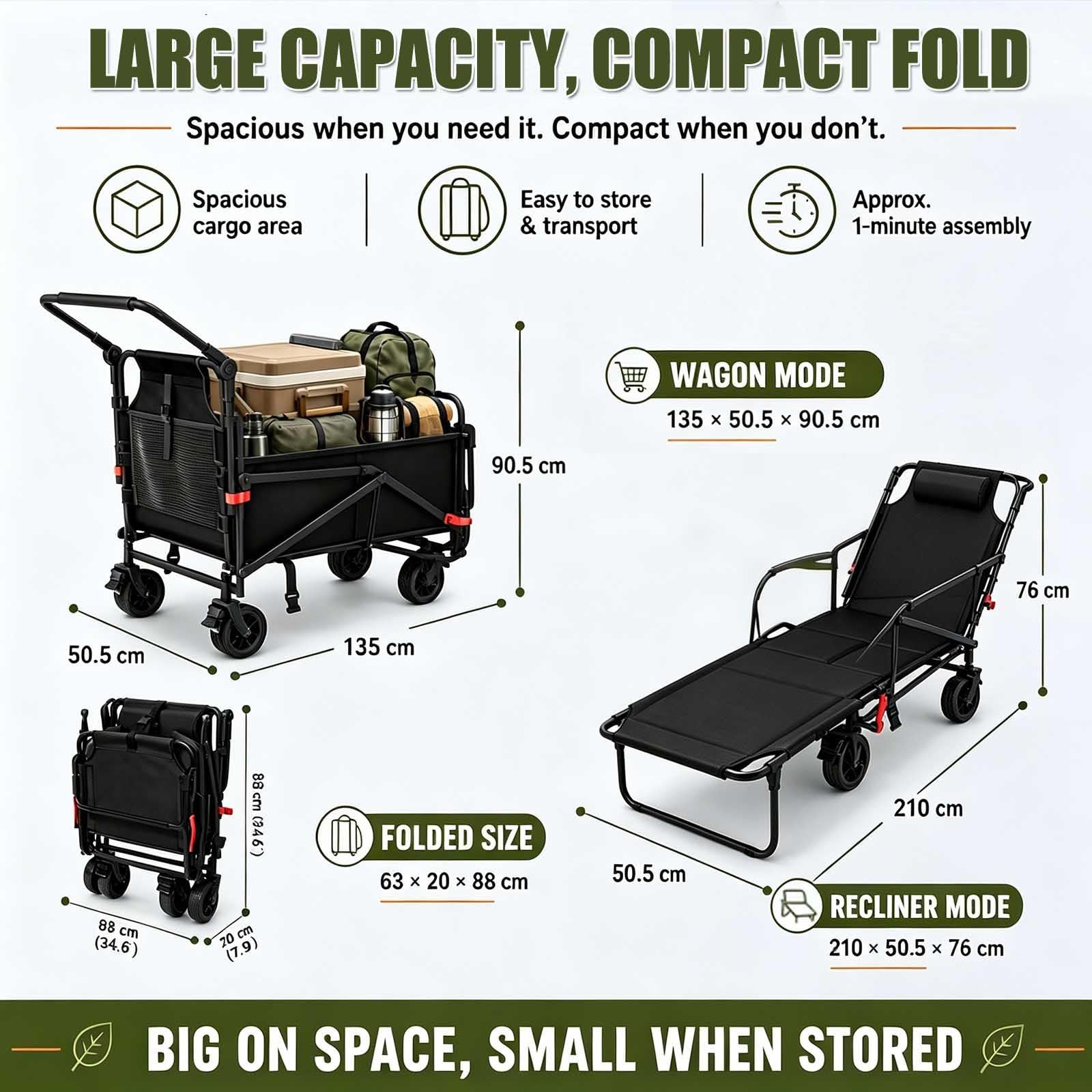 Chariot pliable et chaise de plage, chariot pliable robuste avec roues tout-terrain, capacité de 200 kg pour l'extérieur, le camping, le jardin, le pique-nique et le shopping