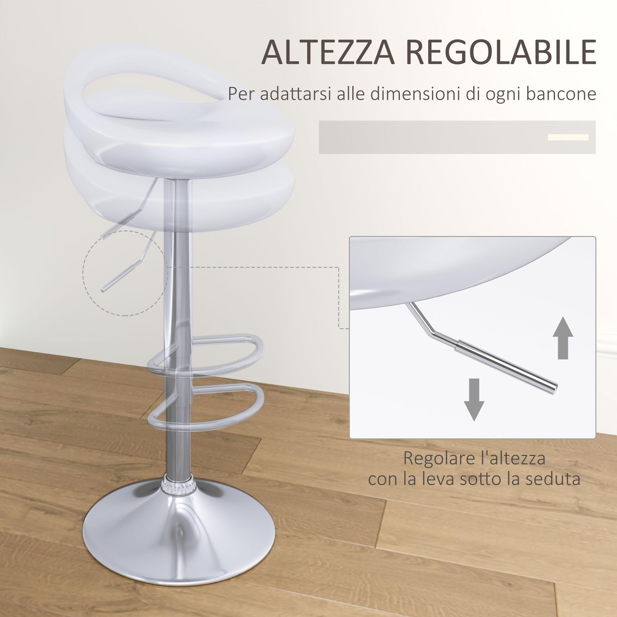 HOMCOM Set 2 Sgabelli da Bar Alti, Sgabelli Girevoli a 360°, con Schienale e Poggiapiedi, Altezza Regolabile, Base in Acciaio, per Sala da Pranzo e Cucina, 46x41x76-96cm, Bianco