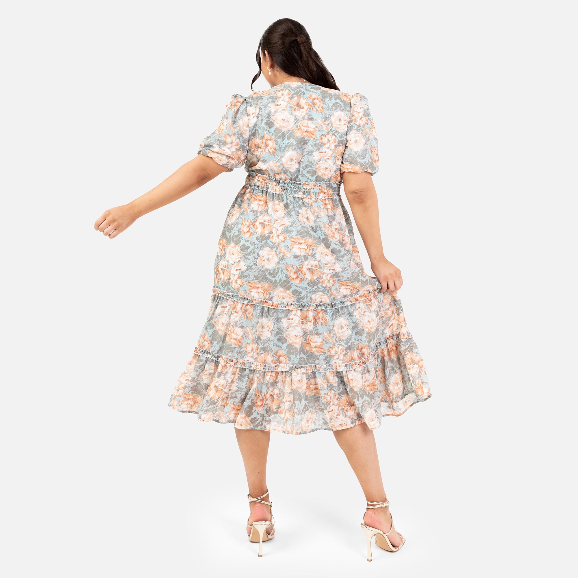 Lovedrobe Damska sukienka midi, dekolt w serek, krótki rękaw z nadrukiem, wzór kwiatowy Ruffle Fit and Flare Wedding Guest Apricot 40, morela, 40