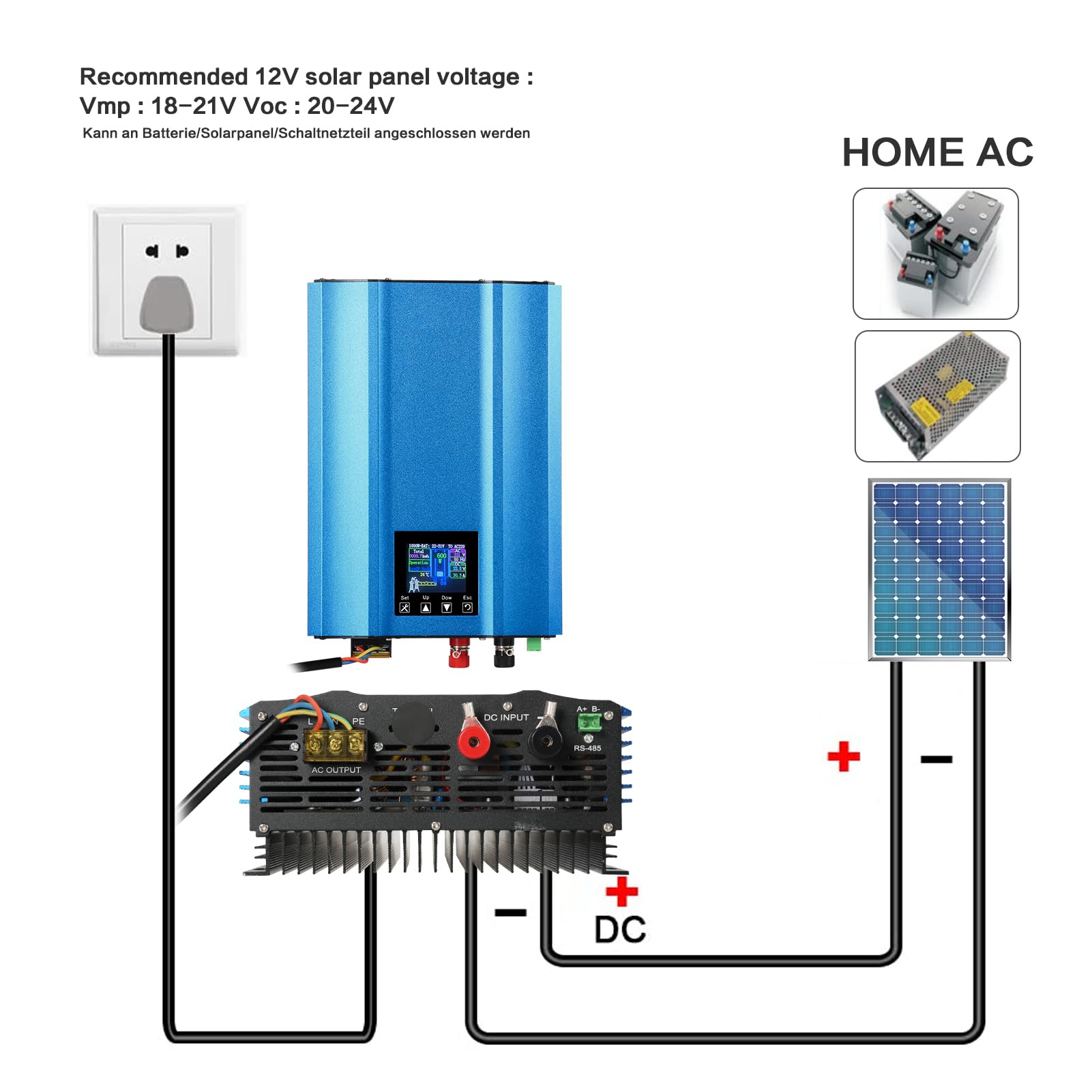 DEWIN Solare Inverter 1000W, Micro Inverter Fotovoltaico Inverter Grid Tie MPPT Micro Inverter 1000W Solar Grid Inverter di Rete per Pannelli Solari,Scarico della Batteria a 24V Regolabile AC 220V