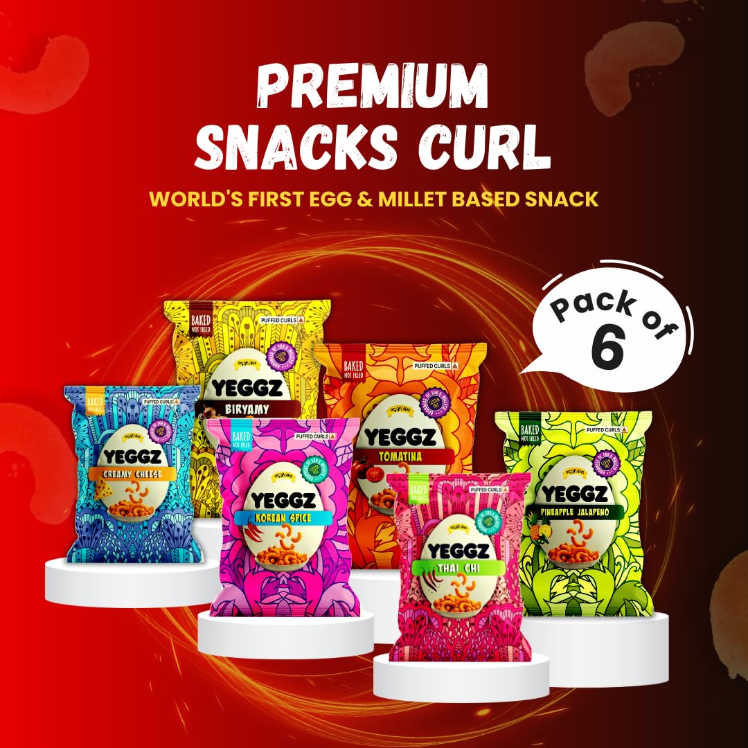 YEGGZ T20 Mania Puffed Curls – Pack of 6 | Crispy Baked Snacks | Korean Spice, Creamy Cheese, Biryamy, Tomatina, Pineapple Jalapeno & Thai Chi 2