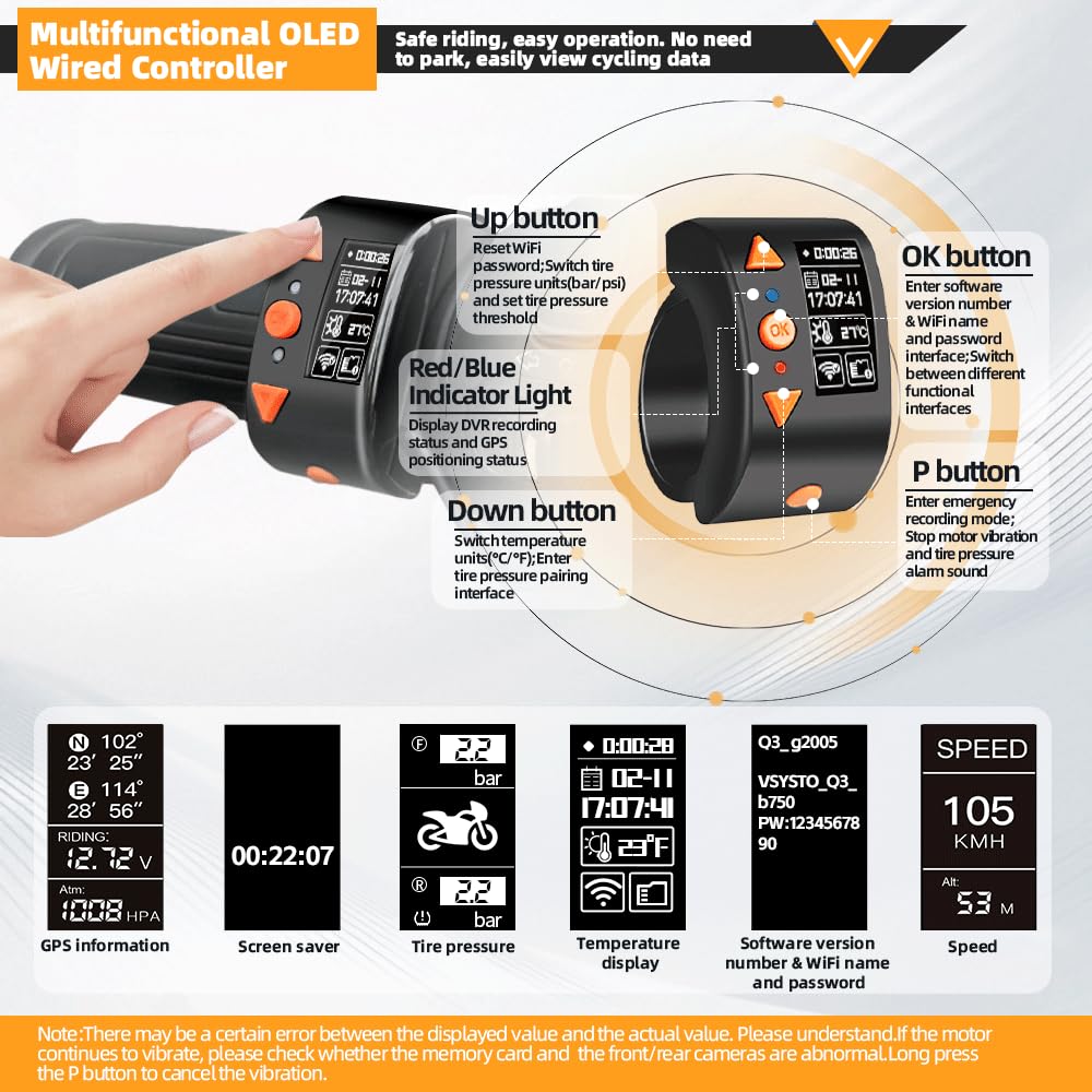 VSYSTO Motorrad Dashcam, Zwei 2K Starlight Nachtsichtkameras mit 5G WLAN, Parküberwachung, GPS, TPMS, wasserdicht, Temperaturanzeige, Unterspannungsschutz (Q3PRO)
