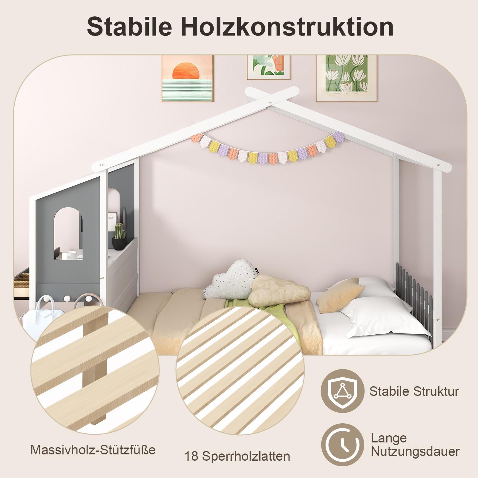 COSTWAY Hausbett mit Schreibtisch 140x200 cm, Kinderbett mit Lattenrost, Schreibtisch mit Aufbewahrungsbox, Schubladen und Haken, Jugendbett, Holzbett für Kinder, Weiß