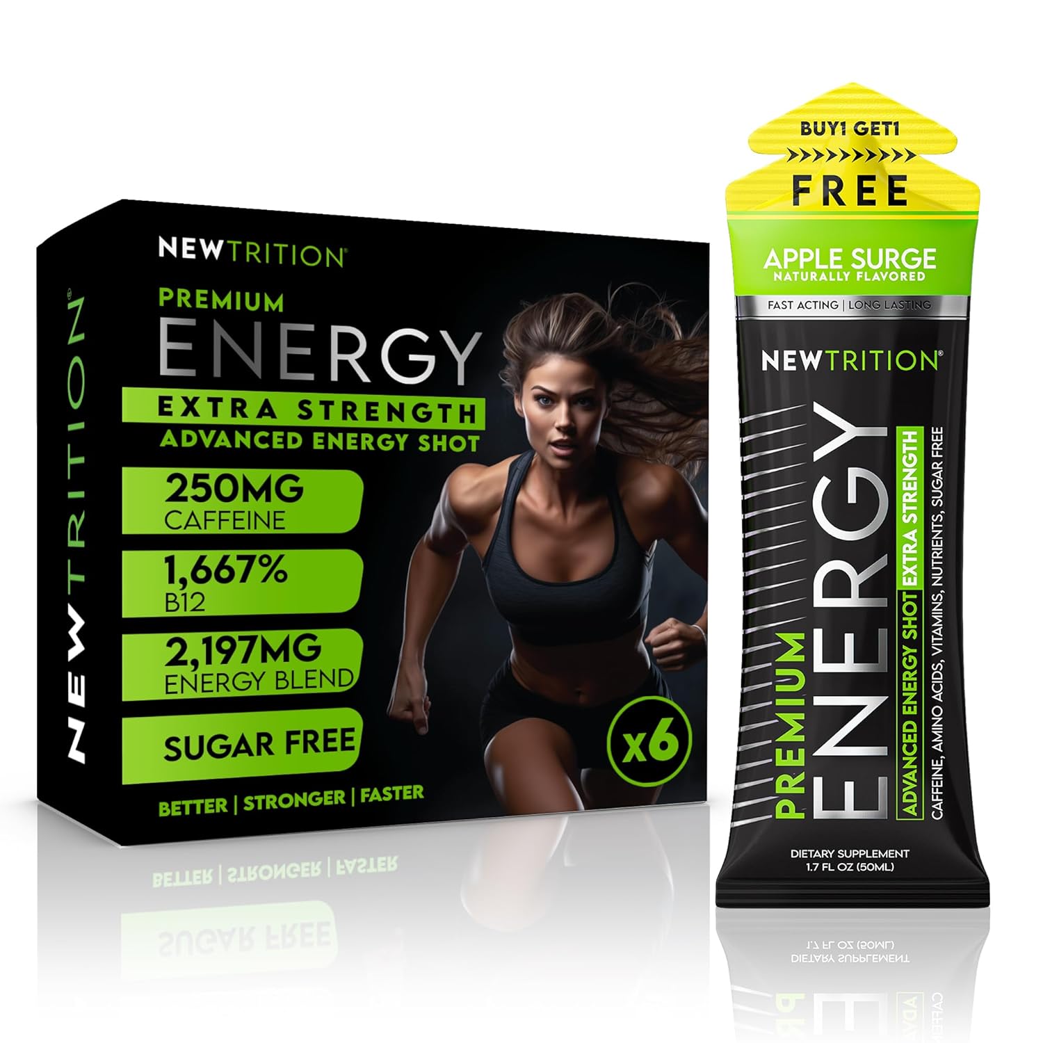 NewTrition® Extra Strength Energy Shots, 1.7 fl oz - 250mg Caffeine with Vitamin B & Amino Acids, Sugar-Free, Zero Calorie Vitamin Energy Drink for Focus & Endurance (Pack of 6, Apple Surge)