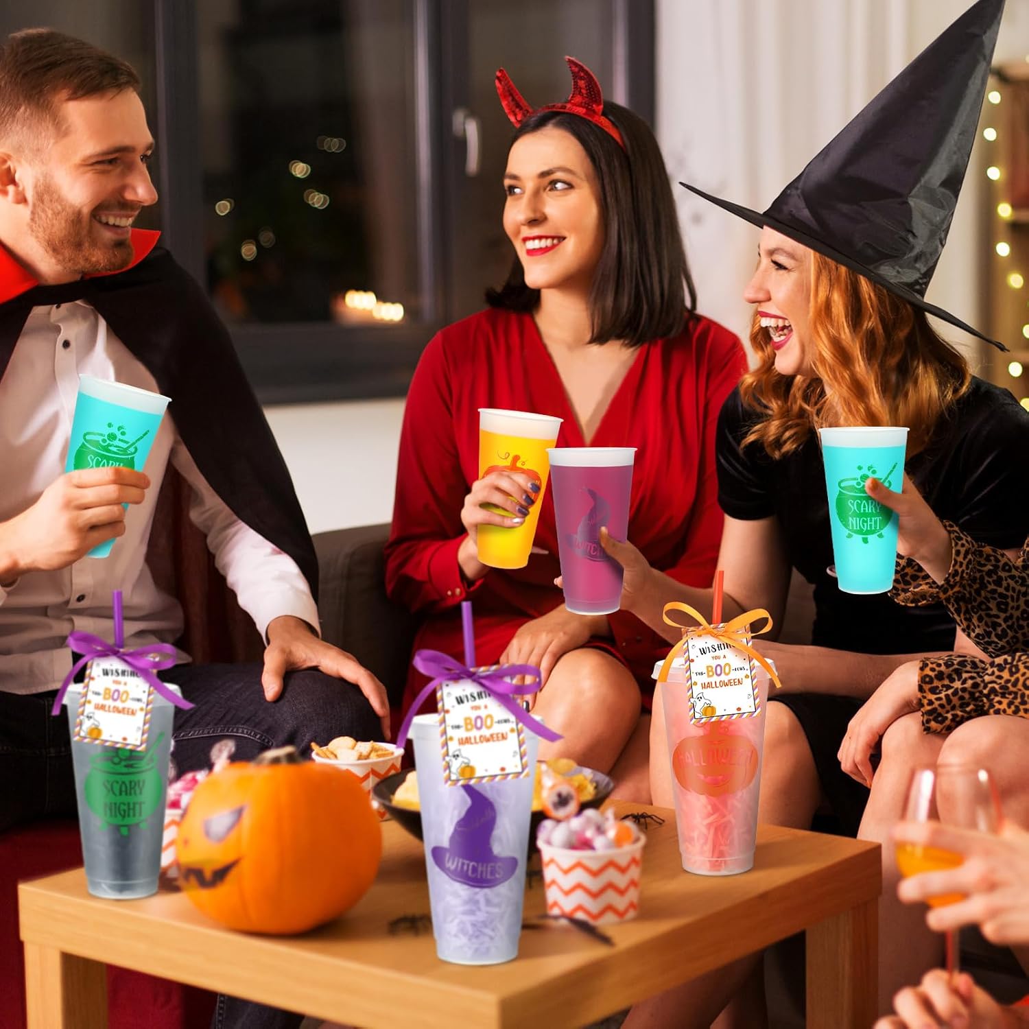 Mimorou 12 Set Halloween Cup Gifts Bulk Coffee Gift Card Holder with Cards Clear Plastic Tumblers with Lid Straw Thank You Cards Happy Boo Day Favor for Halloween Ghost Party Teacher Coworker - Image 6