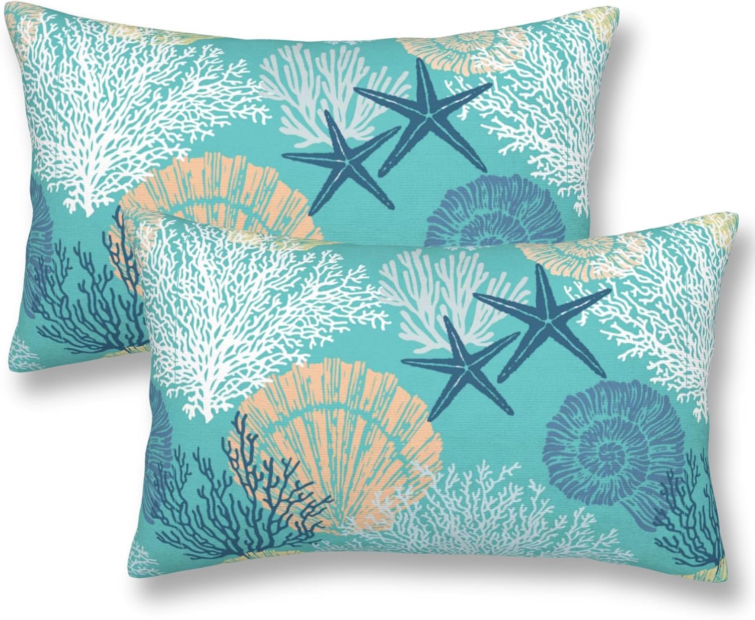 Coastal Beach Throw Pillow Covers Ocean Seashell Coral Starfish Lumbar Pillow Cover 12x20 Inch Set of 2 Nautical Coastal Pillowcase Rectangle Cushion Cases for Home Bed Sofa