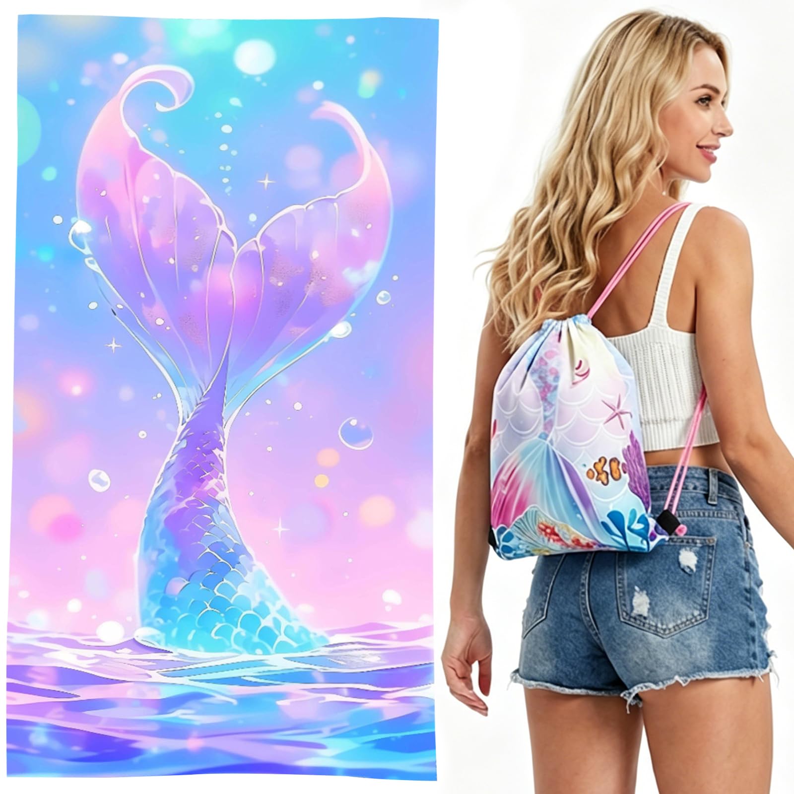Kmfasvx Girls A Mermaid Kids Beach Towel,Microfiber Beach Towel,Beach Swimming Towels For Kids,Lightweight Beach Towel Quick Dry,Use Lightweight Nd Water Bsorbent For Beach Swimming Camping Nd Yog