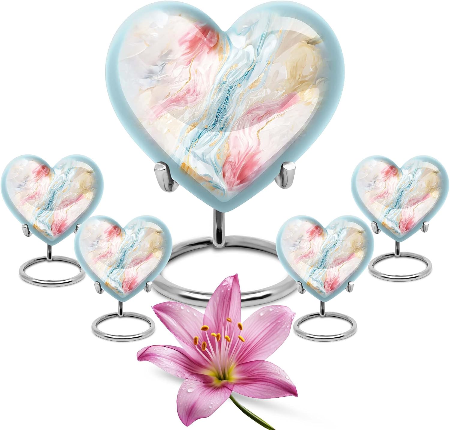 Elegant Heart Funeral Urn Set - Pack of 5 (10 Inch with 3 Inch Set of 4), White, Large for Human Ashes Adult, Decorative, Cat Ashes