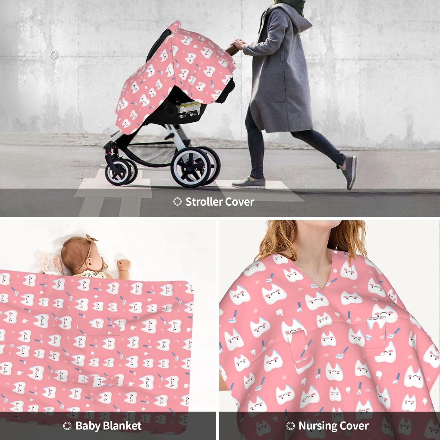 Teeth Cute Toothbrush Print Baby Car Seat Covers, Breathable Nursing Cover Breastfeeding Cover, Cute Stroller Covers, Multi-use Infant Carseat Canopy, Baby Boys Girls Newborn Essentials