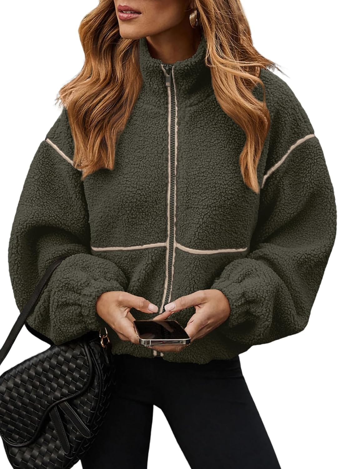 utcoco Women's Casual Cropped Sherpa Fleece Jacket Zip Up Chunky Fuzzy Teddy Coats Outerwear